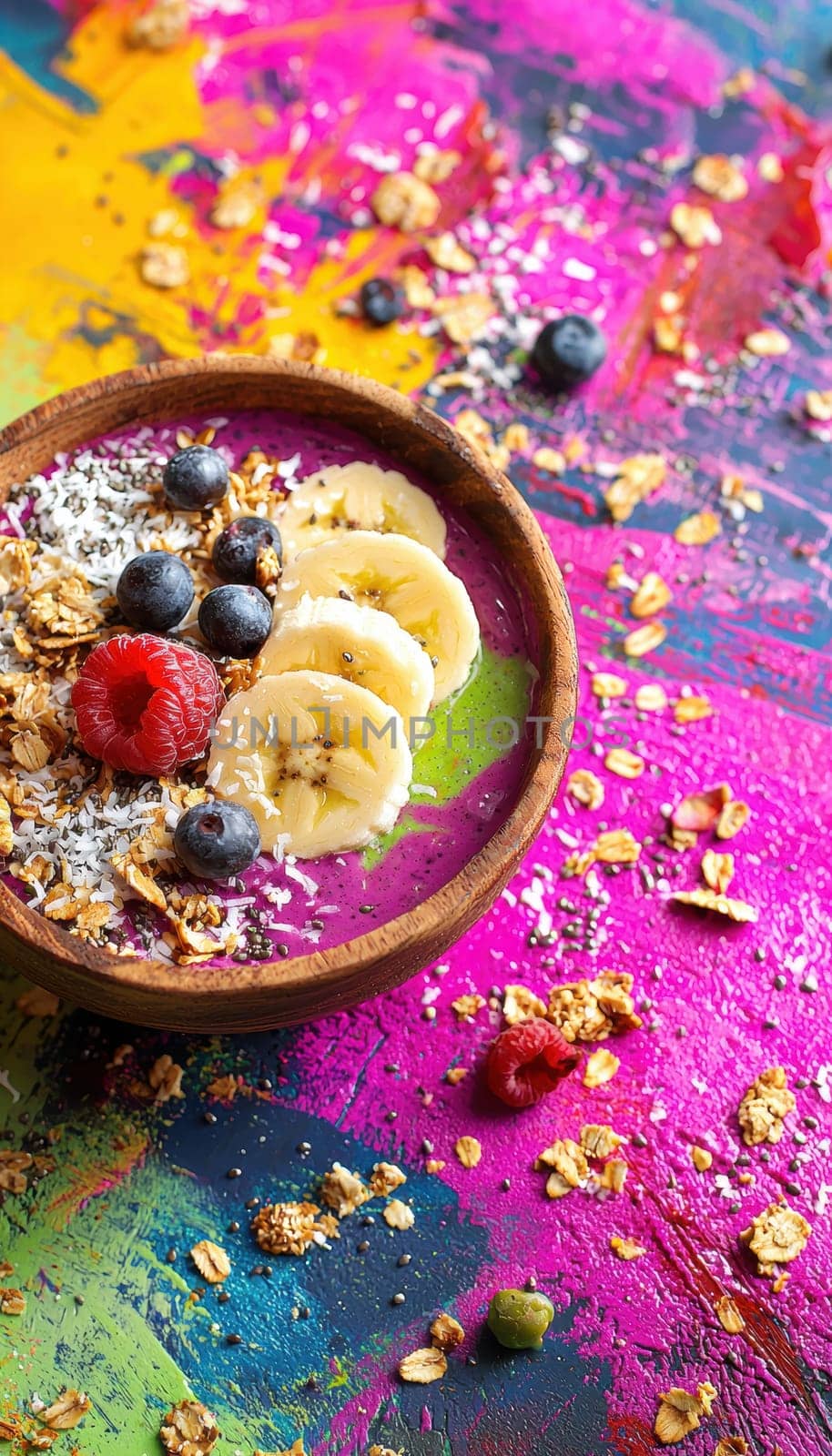 Nutrient-rich acai bowl topped with crunchy granola, fresh banana slices, coconut flakes, and chia seeds in a wooden bowl. the vibrant, colorful arrangement showcases an appealing and healthy food choice, ideal for health-focused promotions.