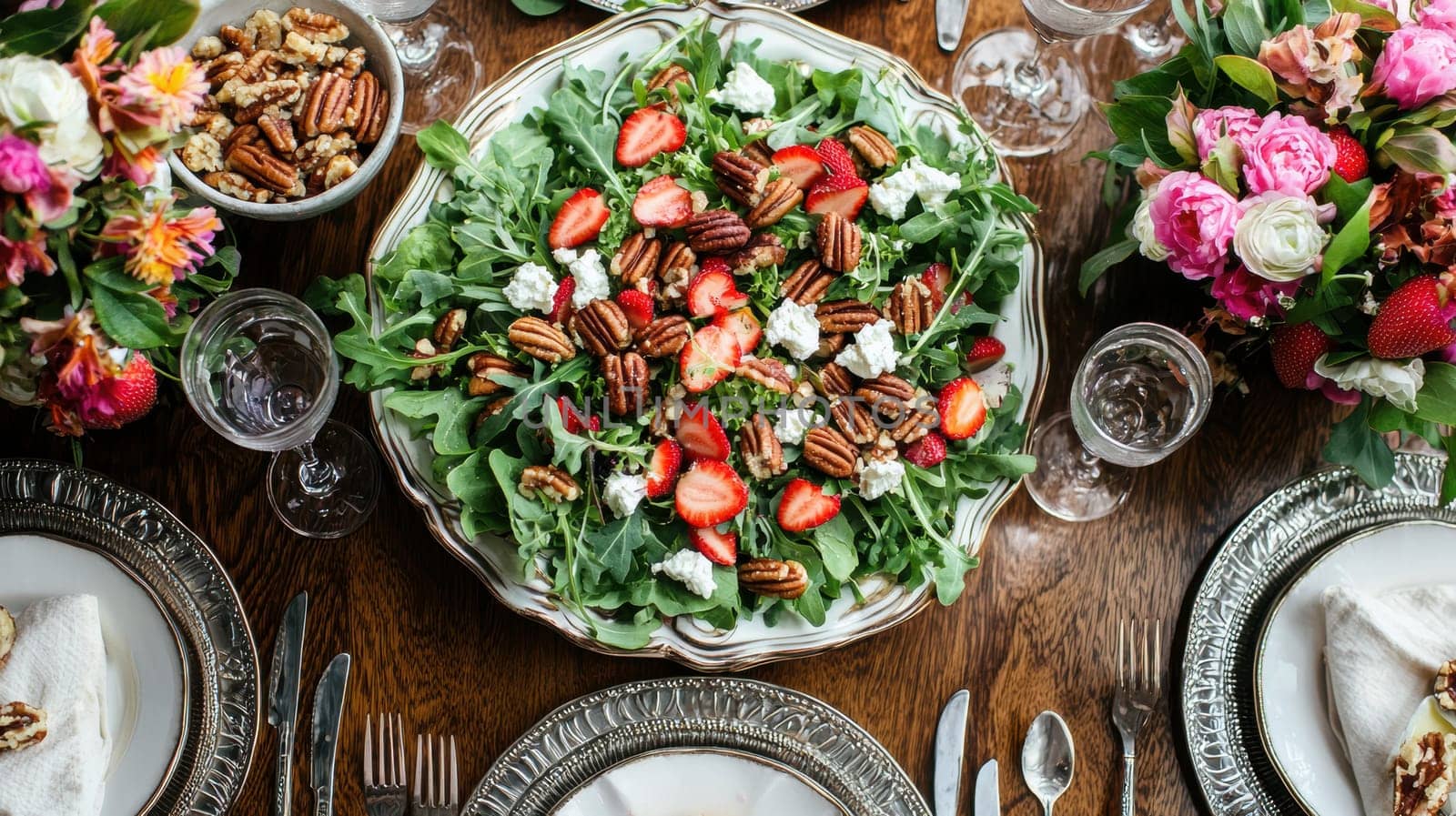 A vibrant salad featuring mixed greens, strawberries, goat cheese, and pecans creates an inviting table setting against a lush, outdoor backdrop. ideal for summer gatherings and intimate al fresco dining experiences.