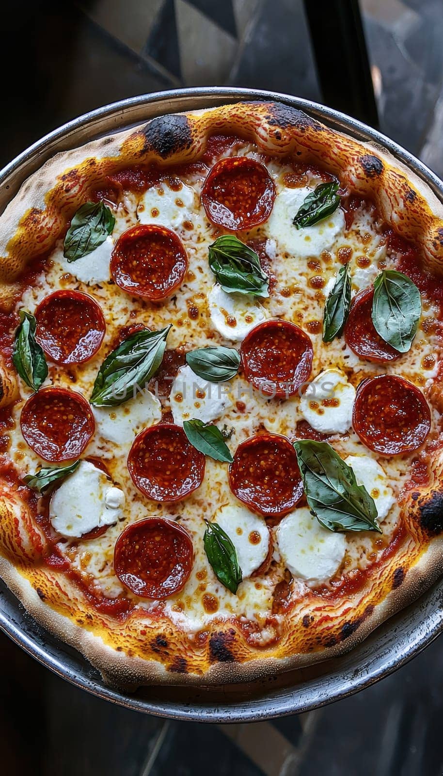 Close-up view of a freshly baked homemade pizza topped with slices of pepperoni, melted mozzarella cheese, and garnished with fresh basil leaves. the golden, crispy crust and warm lighting highlight the rich textures and flavors.