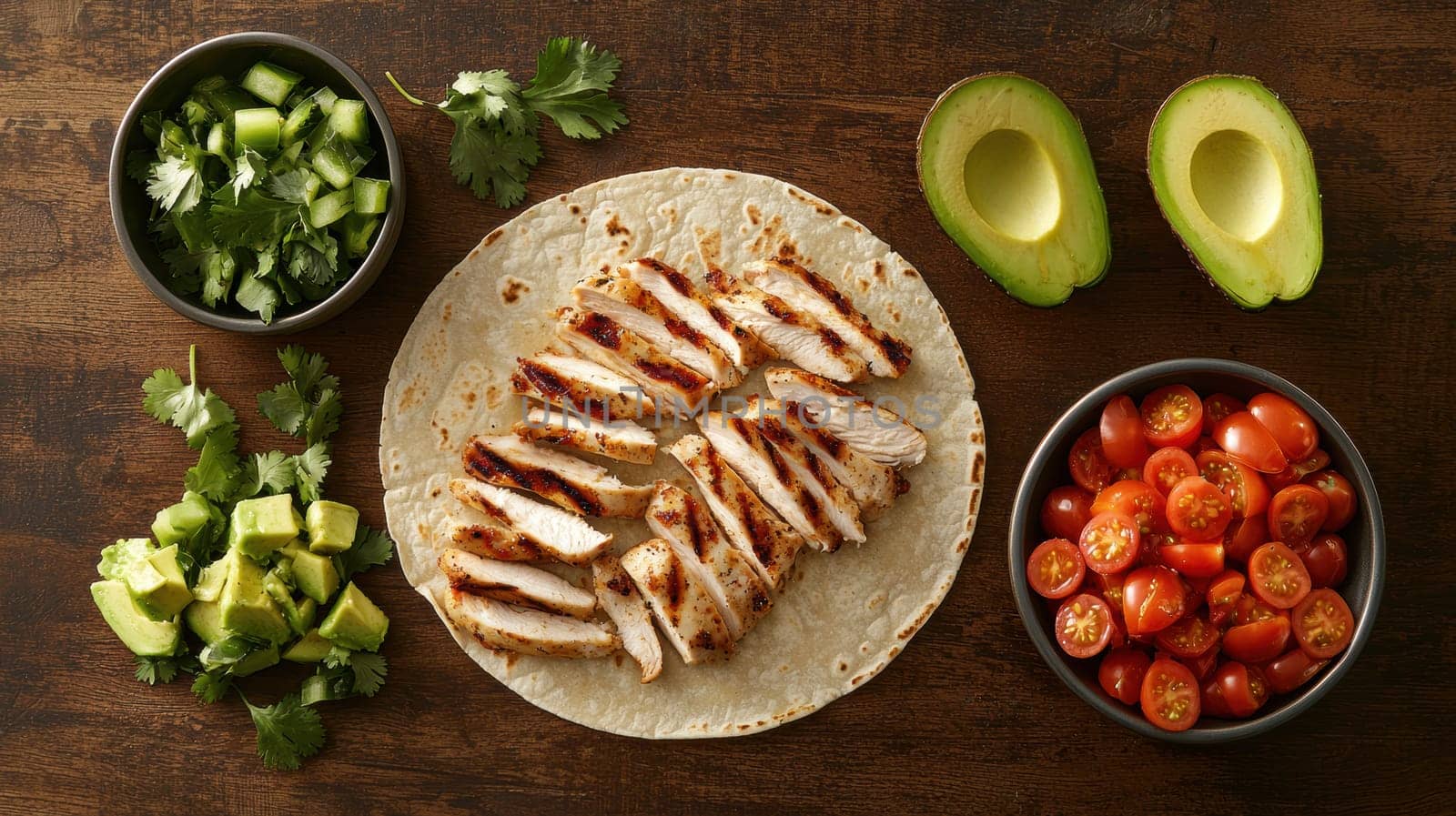 Flat lay of a homemade taco spread with soft tortillas, grilled chicken, diced tomatoes, avocado slices, and cilantro on a wooden surface. a colorful and appetizing arrangement ideal for culinary designs, recipes, or food-related promotions.