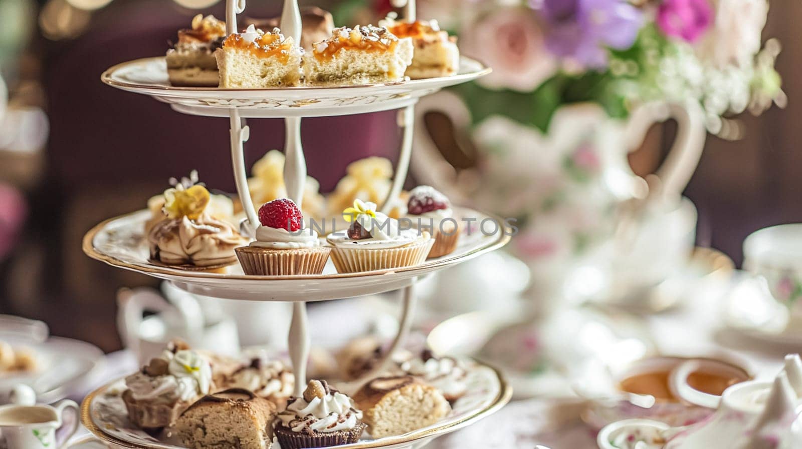 Elegant table setting for tea party with cakes and cupcakes in English manor. Selective focus. Vintage style