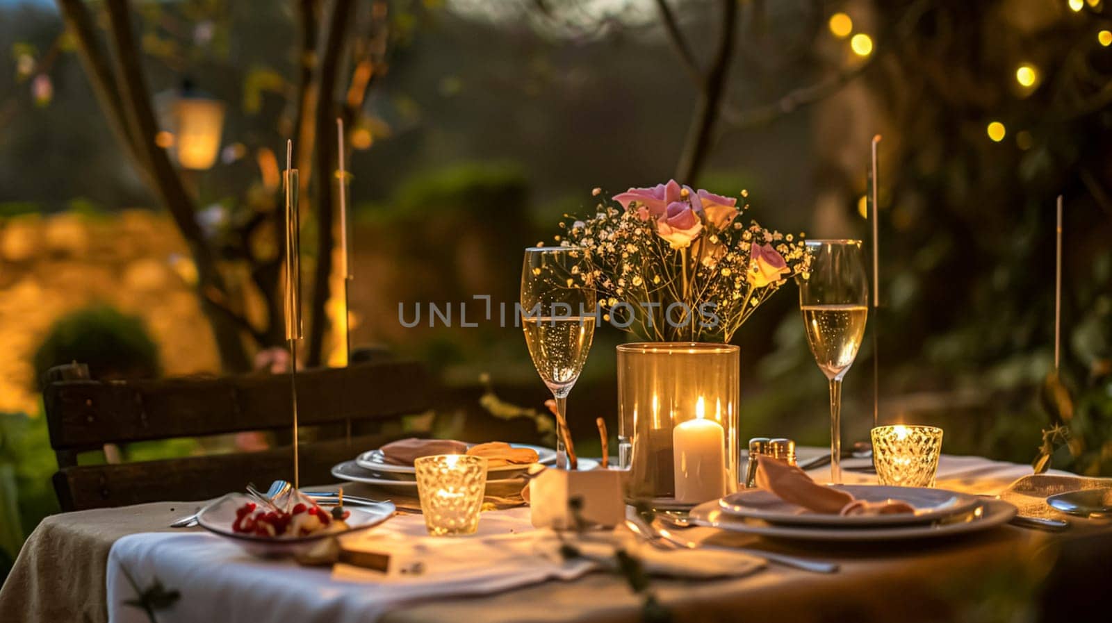 Festive table setting with candles and arrangement of beautiful red flowers. Holiday concept. High quality photo