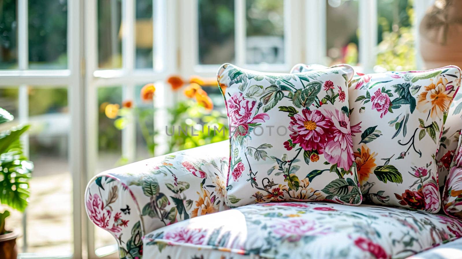 Colorful pillows on sofa against glass wall of window in a winter garden or conservatory. Interior textile concept. High quality photo
