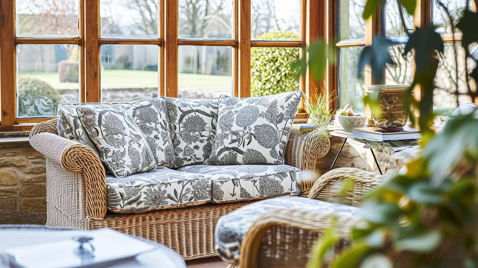 Colorful pillows on sofa against glass wall of window in a winter garden or conservatory. Interior textile concept. High quality photo