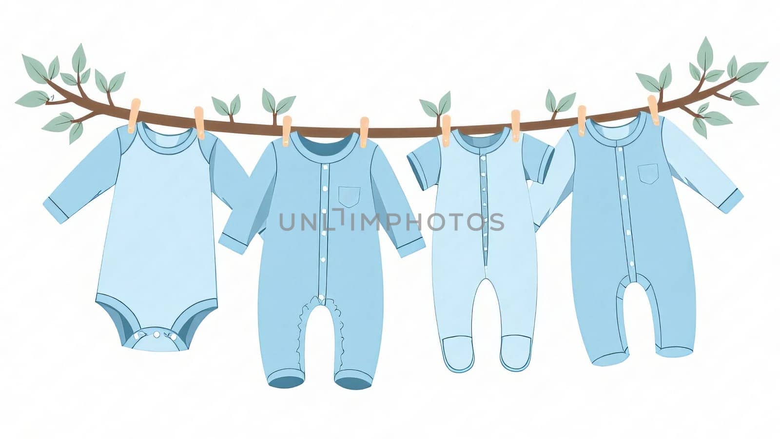 Pastel blue baby outfits hang on a line. Gender reveal party, motherhood.