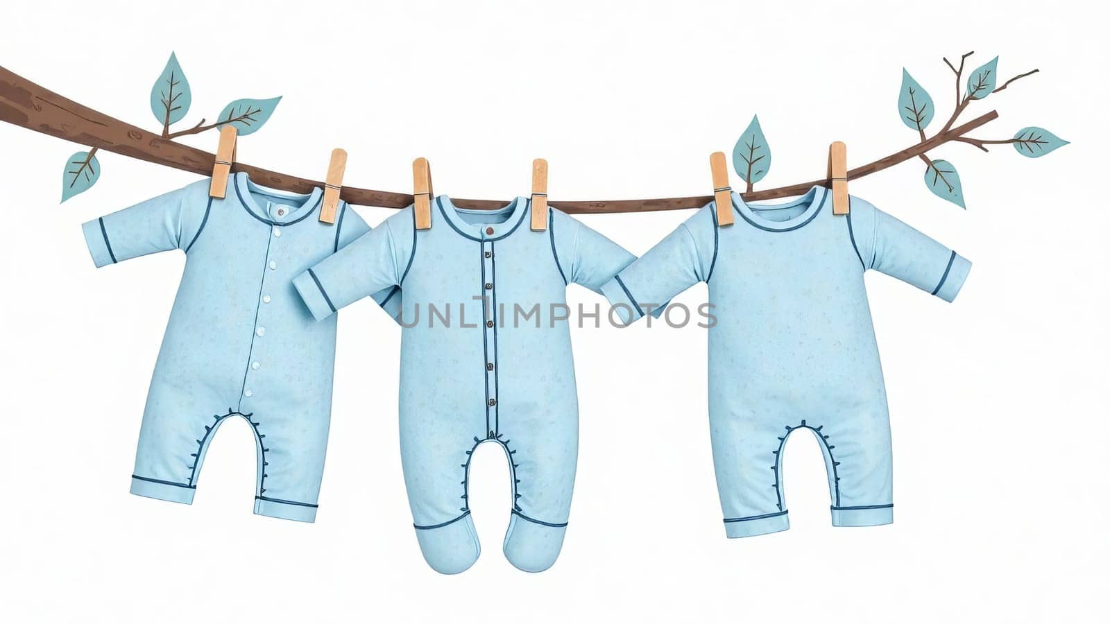 Pastel blue baby outfits hang on a line. Gender reveal party, motherhood.