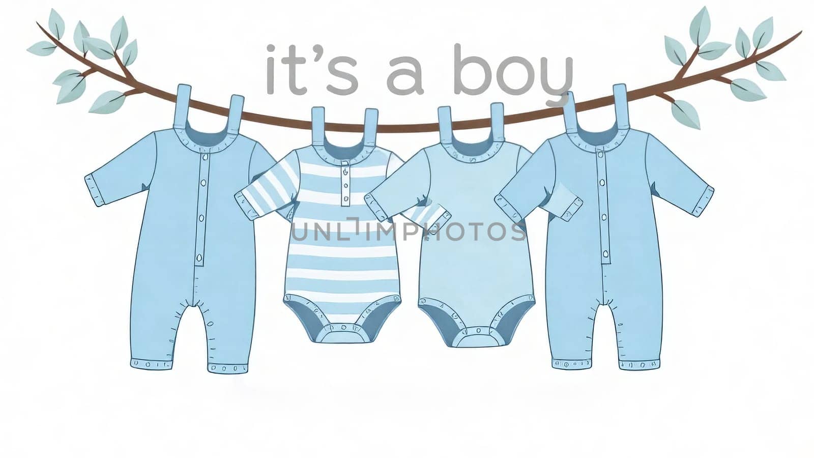Blue onesies hang under "it's a boy" text. Gender reveal party, motherhood.