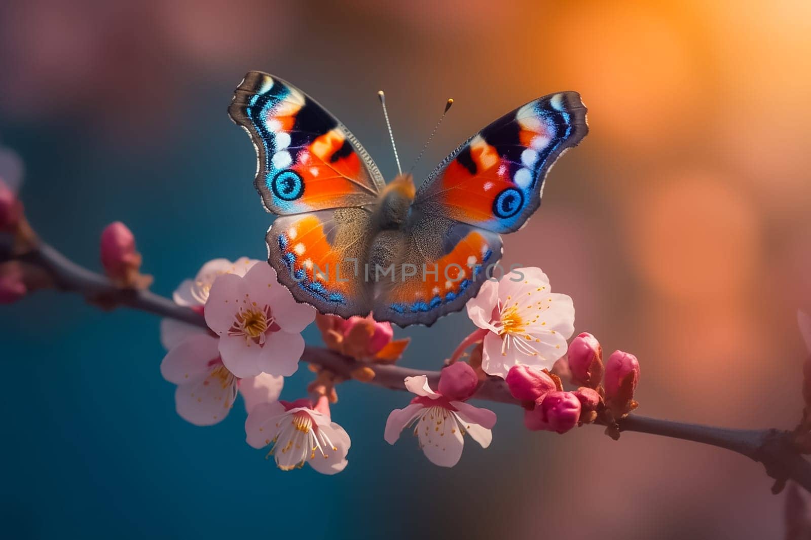 The butterfly is sitting on Pink cherry blossoms branch on the blurred blue sky background. Long banner with Spring flowers of cherries tree by esvetleishaya
