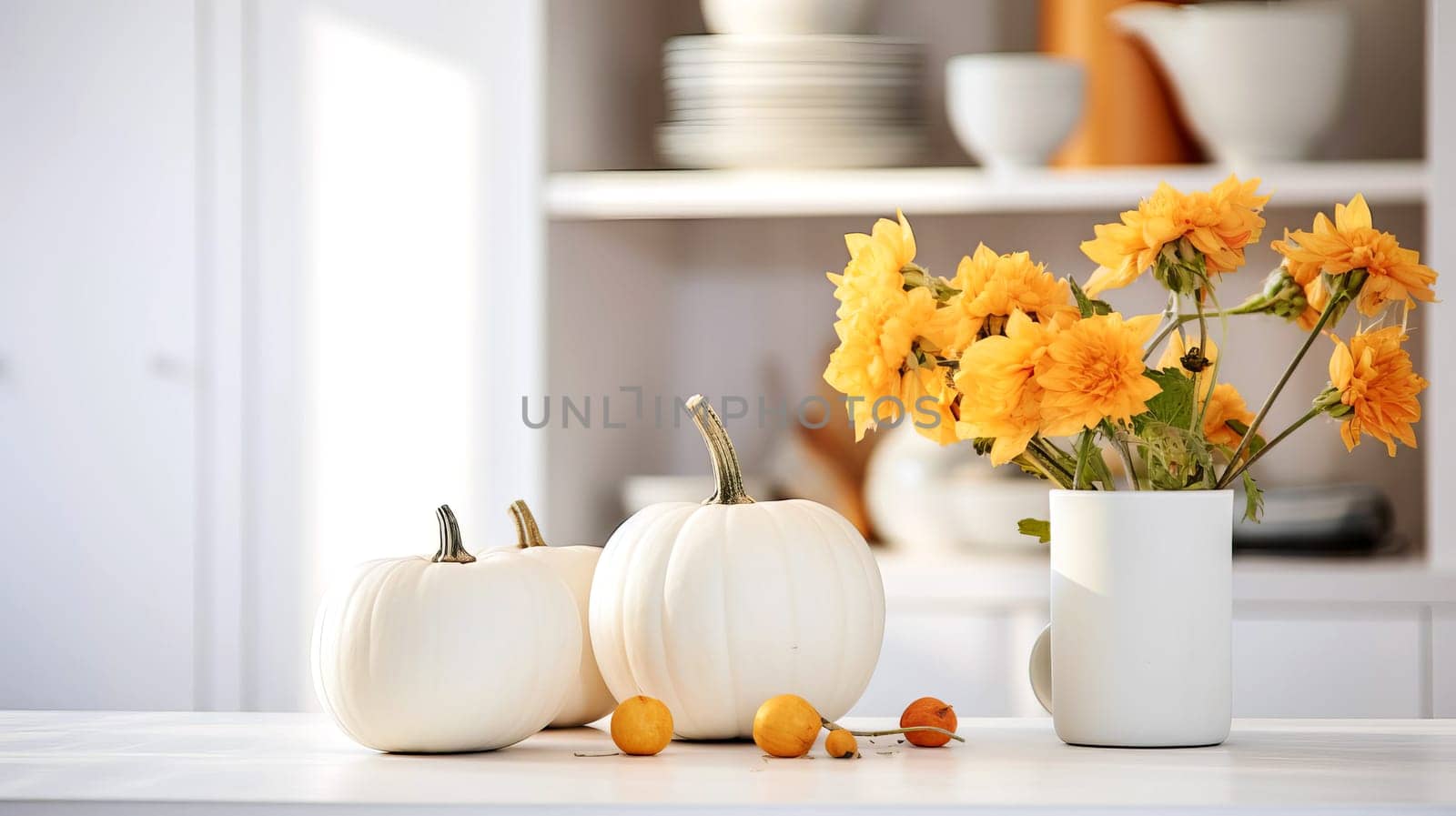 Fall decor in a modern white kitchen. Selective focus. AI generated.