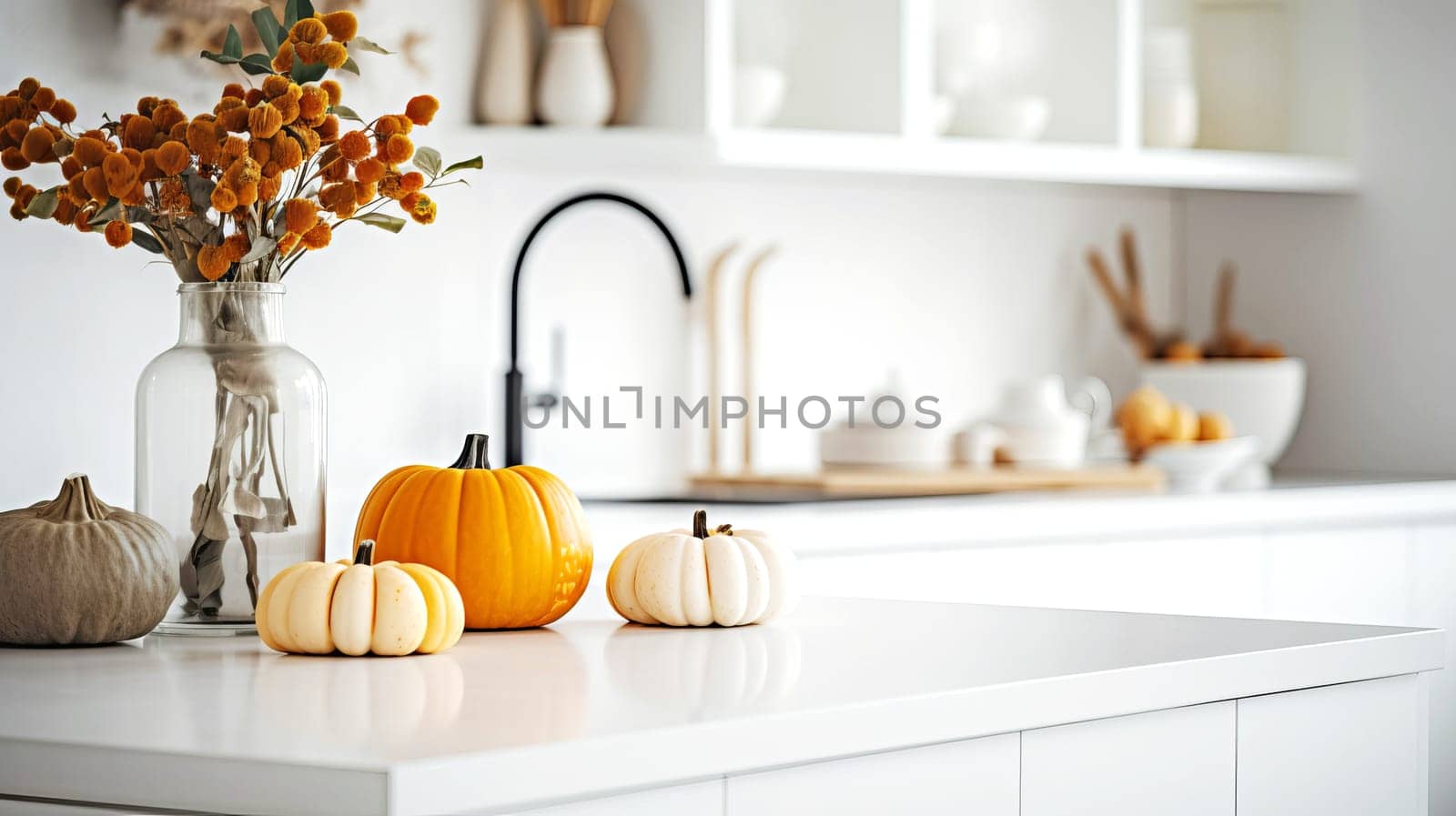 Fall decor in a modern white kitchen. Selective focus. AI generated.