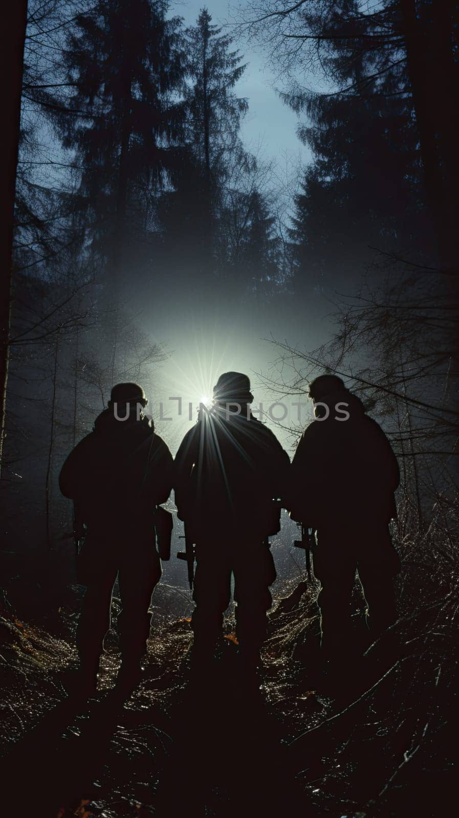three people with flashlight at night in the forest.