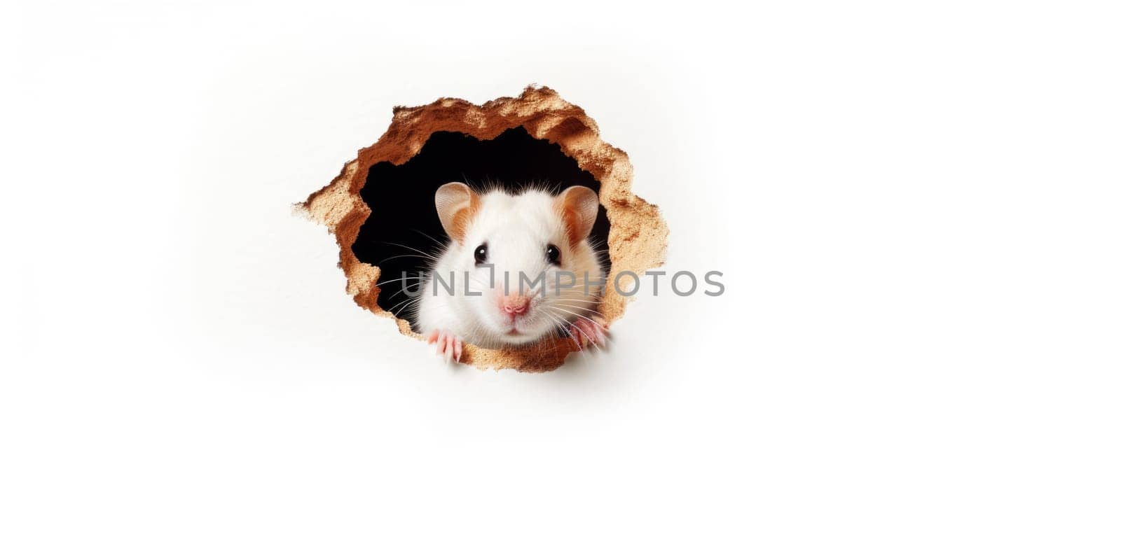 Cute Hamster peeking out of a hole in wall, torn hole, empty copy space frame, mockup. Generative AI image weber.