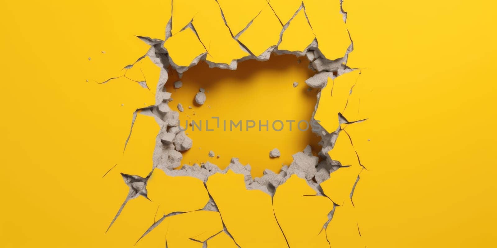 Breaking out of a hole in solid Yellow wall, torn hole, empty copy space frame, mockup. Generative AI image weber.