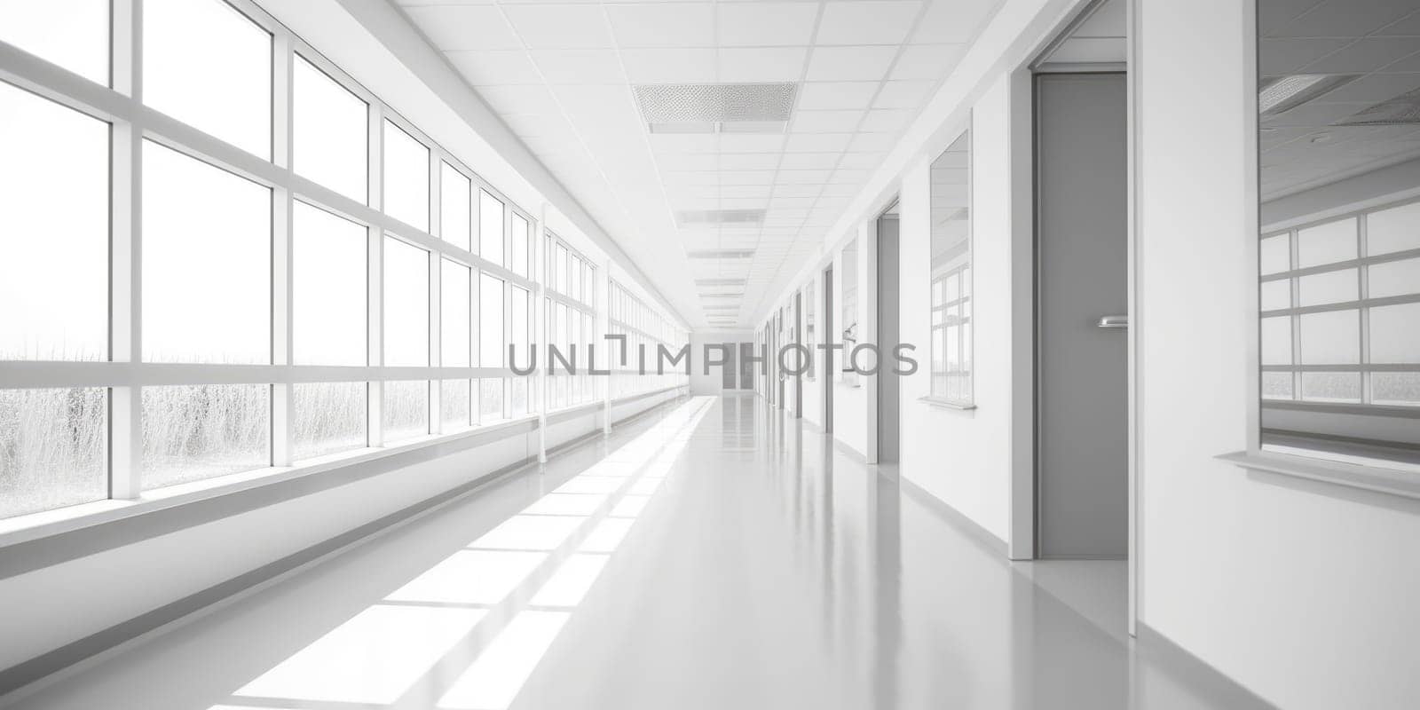 Hospital corridor with windows, in the style of bokeh, light gray, bauhaus, light white, skillful. Generative AI weber. by biancoblue
