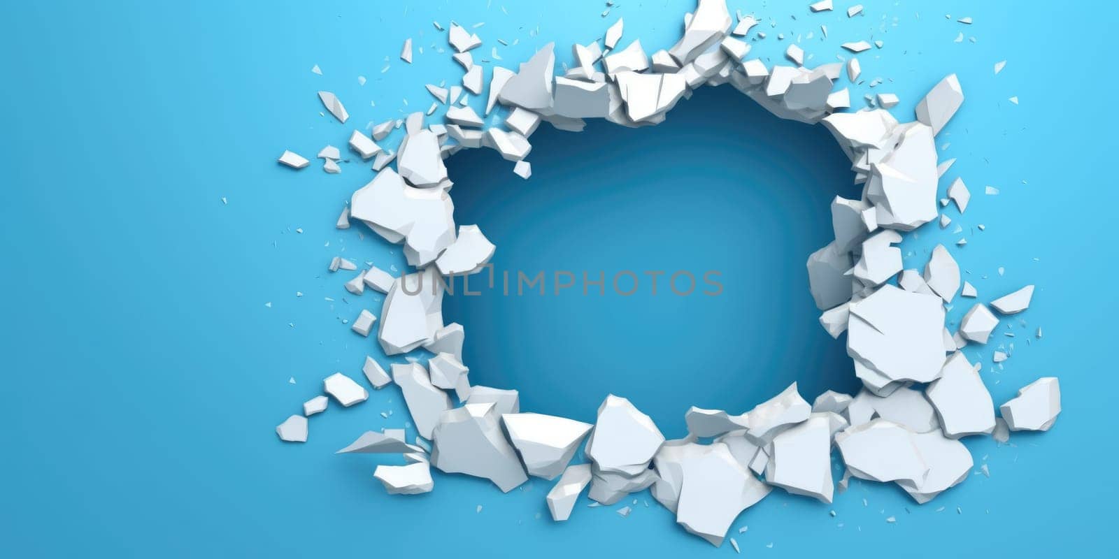 Breaking out of a hole in solid blue wall, torn hole, empty copy space frame, mockup. Generative AI weber. by biancoblue
