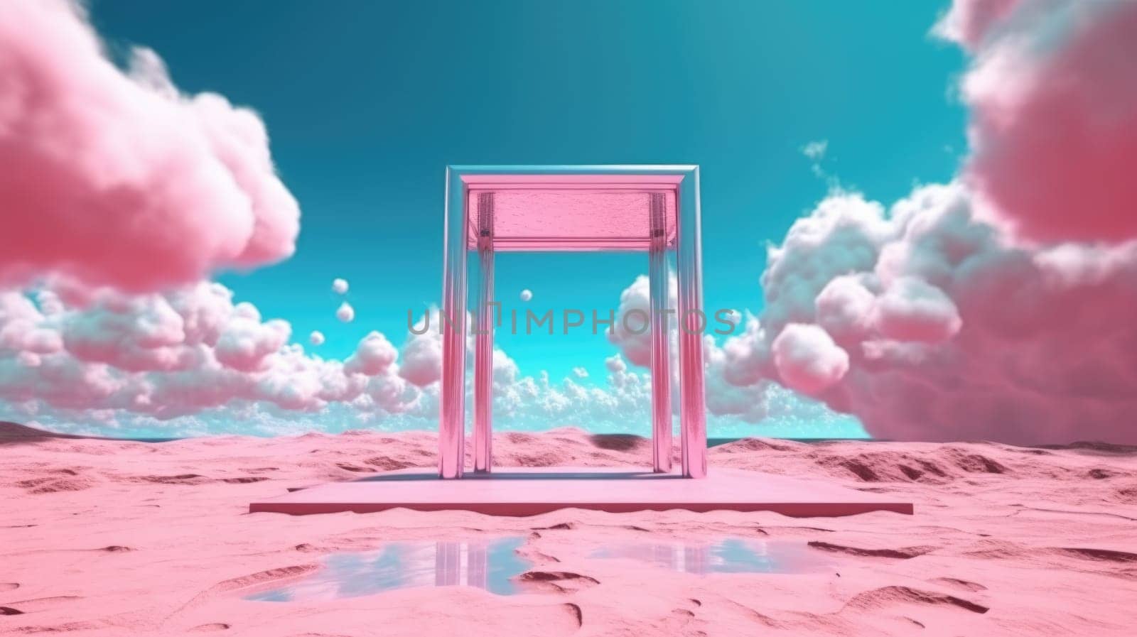 3d rendered Abstract aesthetic background. Surreal fantasy landscape. Water, pink desert, neon square shape chrome metallic gate under the blue sky with white clouds. Virtual reality wallpaper. Generative AI weber. by biancoblue