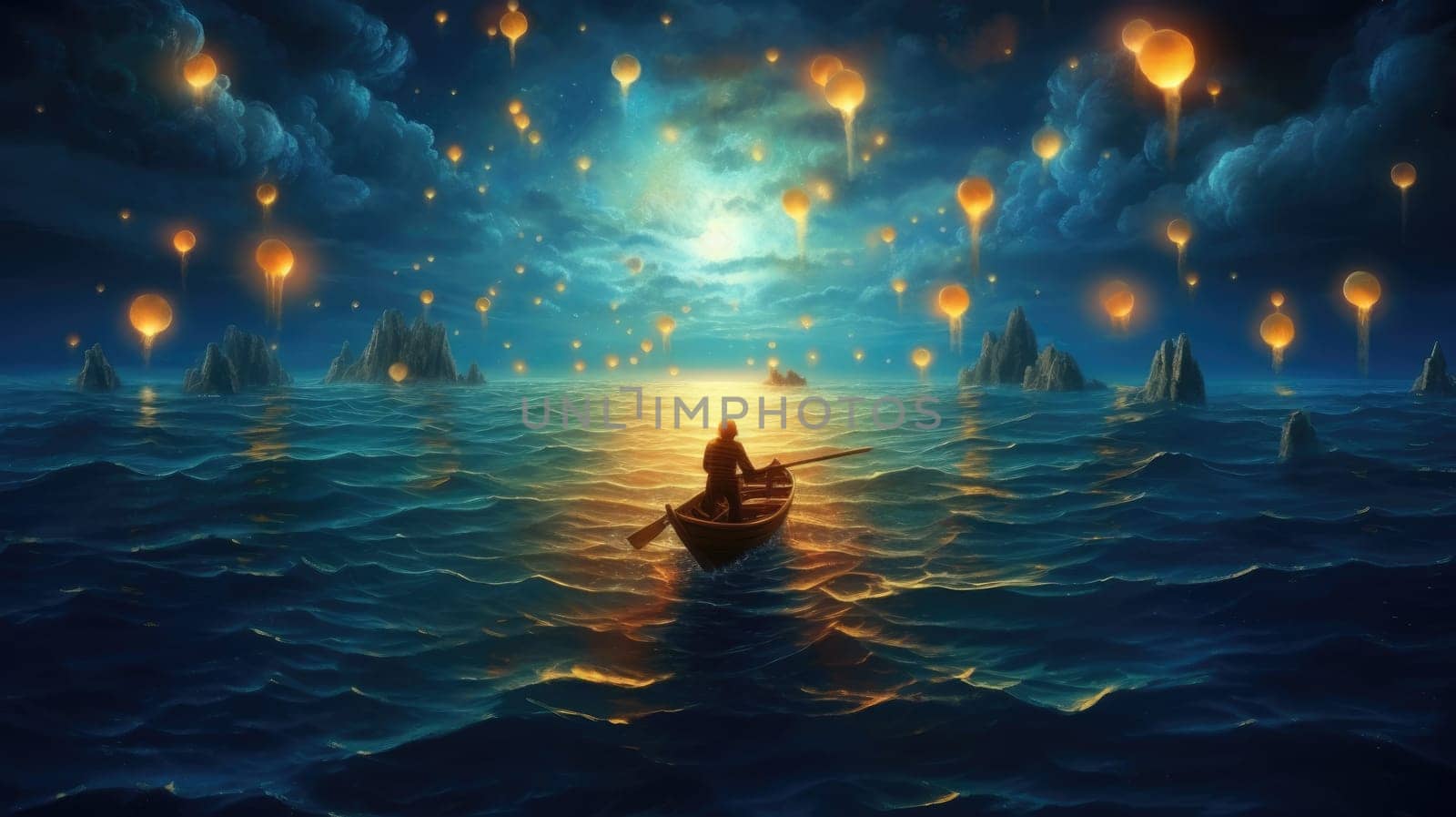 Night scenery of a man rowing a boat among many glowing moons floating on the sea, fantasy journey, surreal concept scenery artwork, dreamlike ocean. Generative AI weber. by biancoblue
