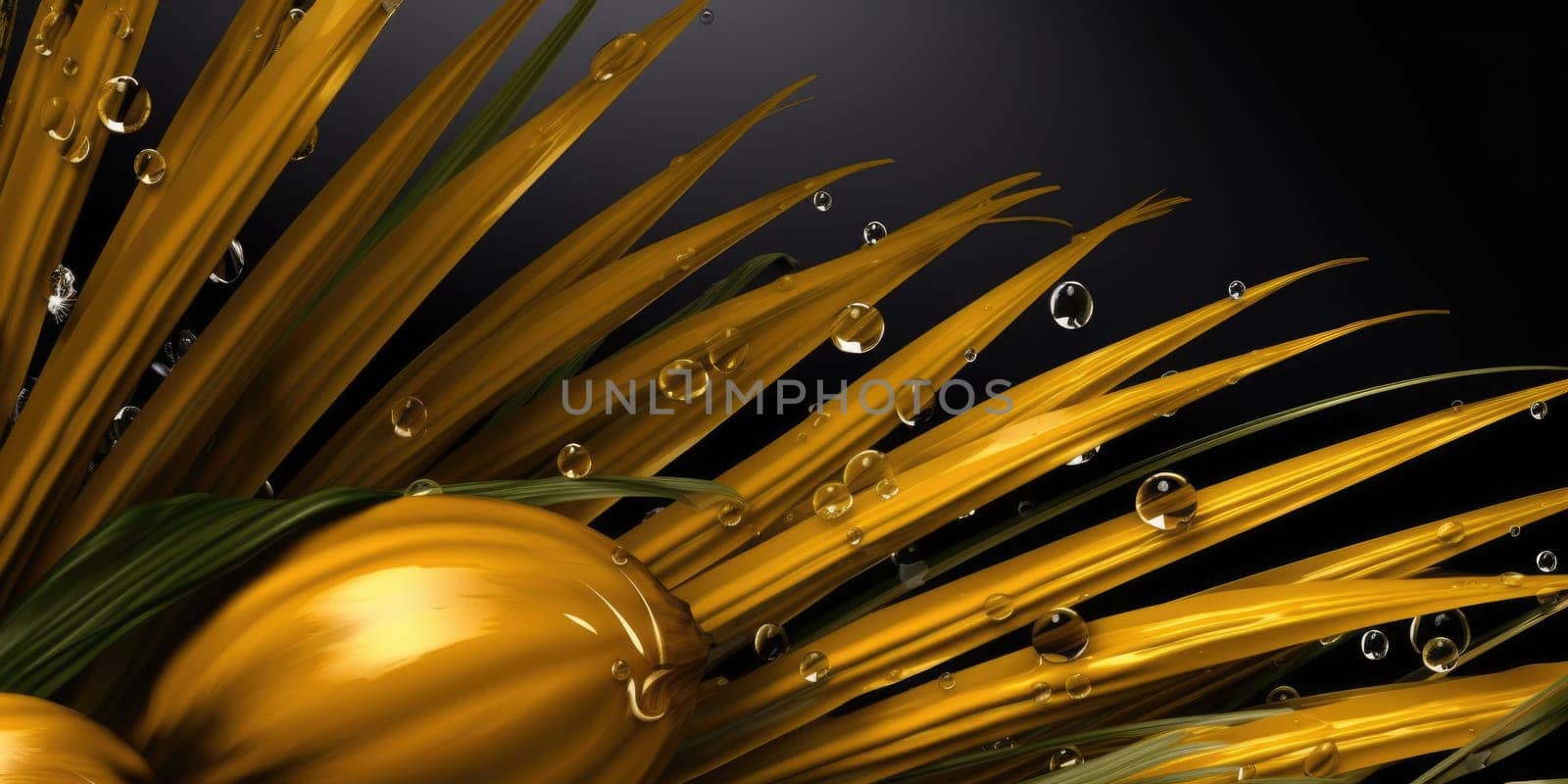 Dark Gold palm leaves and droplet Water dramatic photo effect background, realism, realistic, hyper realistic. Generative AI weber. by biancoblue