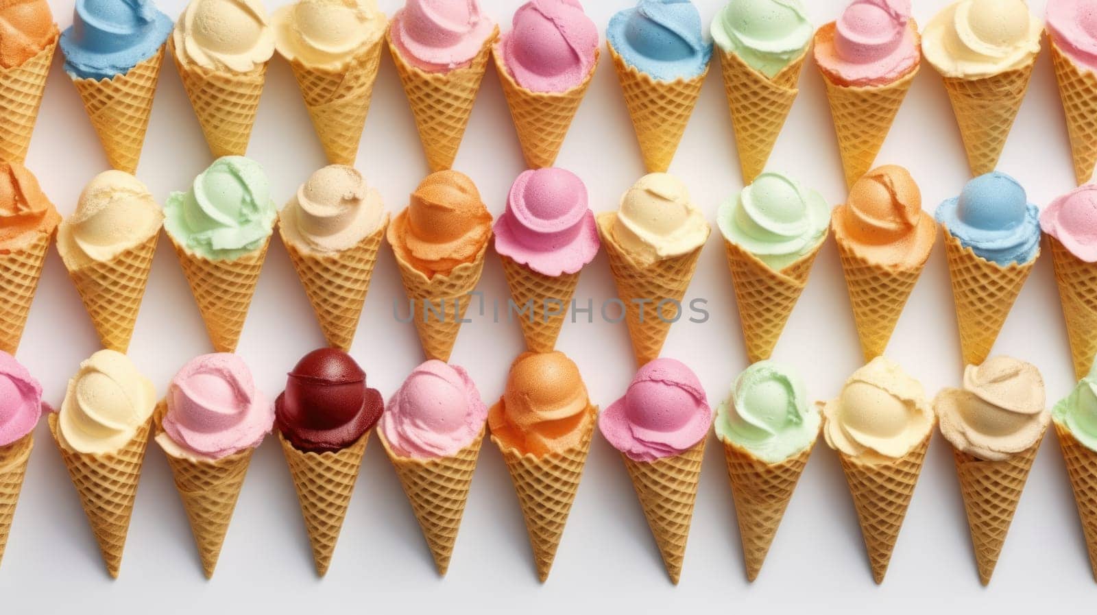 Top view photo of many ice cream, colorful, wafer cones, maximalism, isolated pastel white background with copyspace. Generative AI image weber.