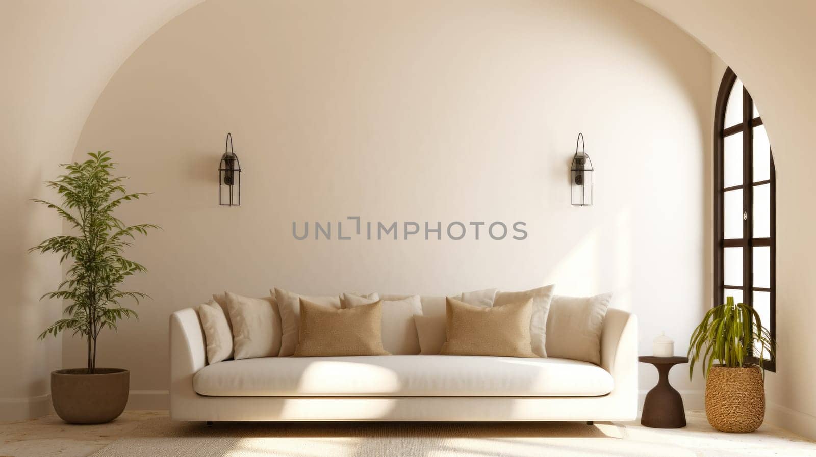 Modern minimalist modern home living room interior design in beige tones.