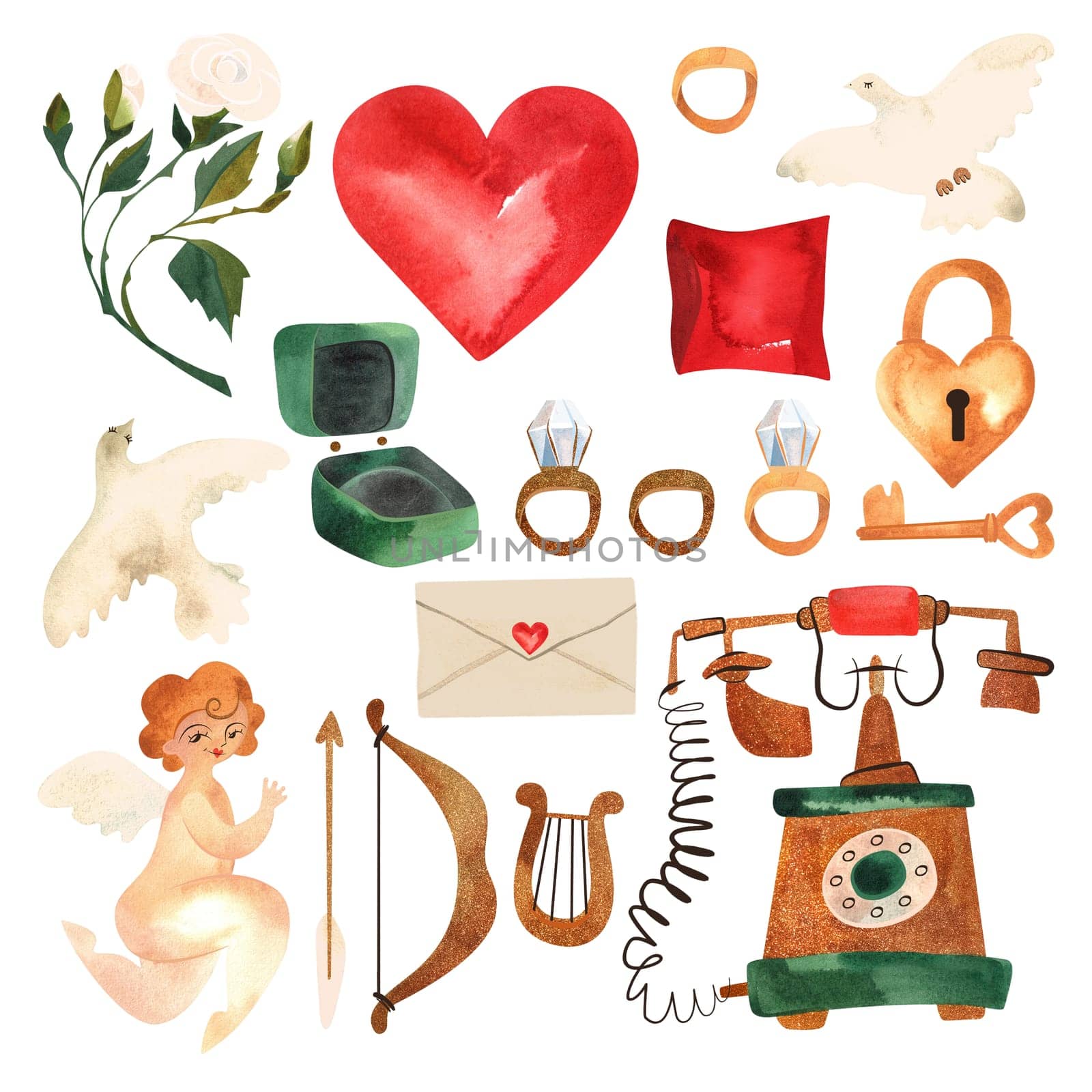 Valentine's day clip art set in vintage style. Cupid, doves, letters, heart, antique telephone, rings, ring box and pillow, white rose, key and heart-shaped lock. Isolated watercolor illustration