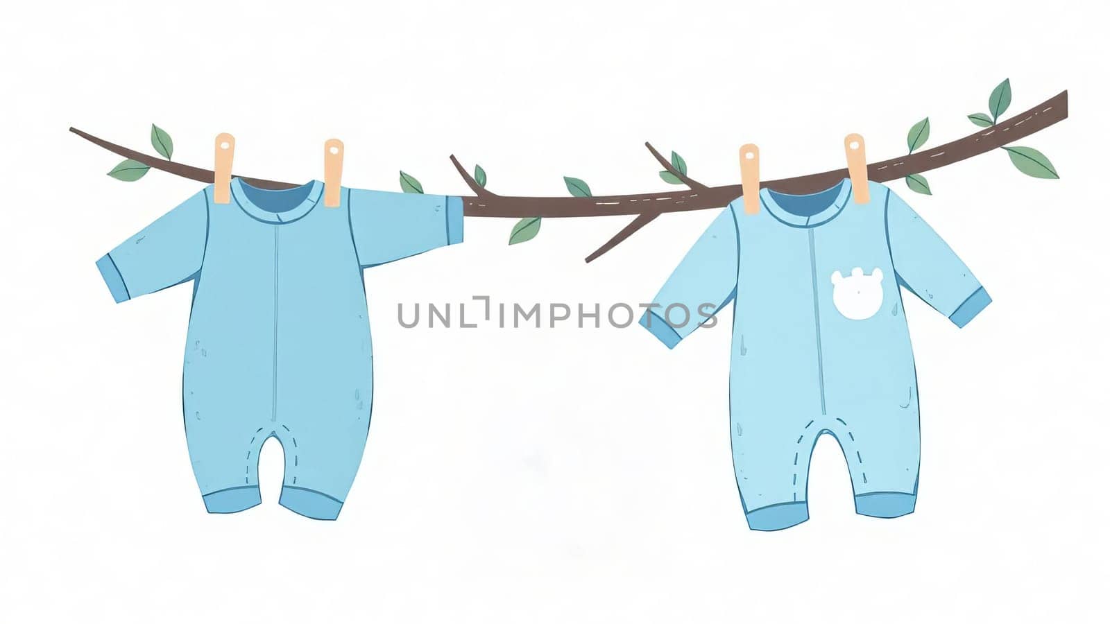 Pastel blue baby outfits hang on a line. Gender reveal party, motherhood. Copy space.