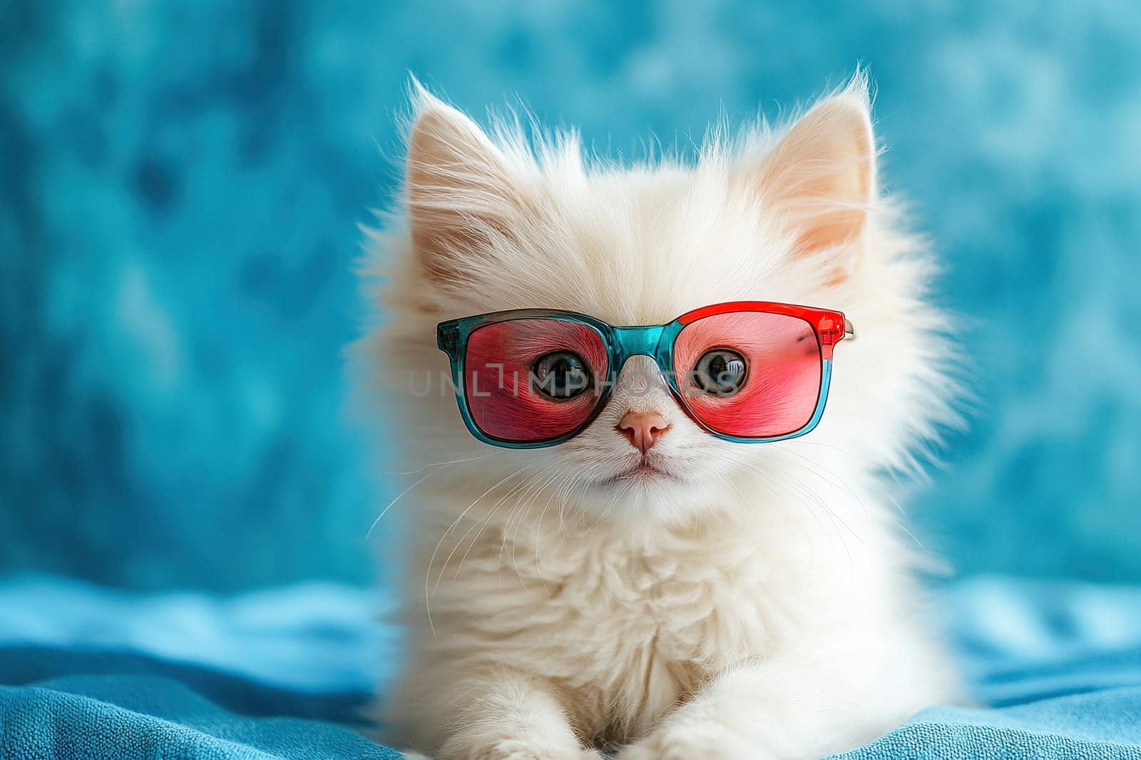 White fluffy kitten with funny glasses sitting on blue background. Cute little fluffy kitten.