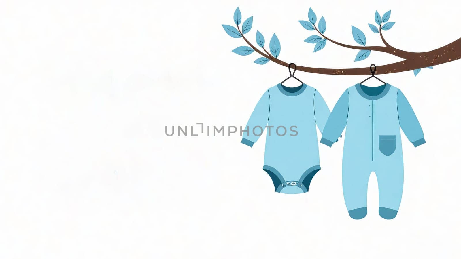 Pastel blue baby outfits hang on a line. Gender reveal party, motherhood. Copy space.