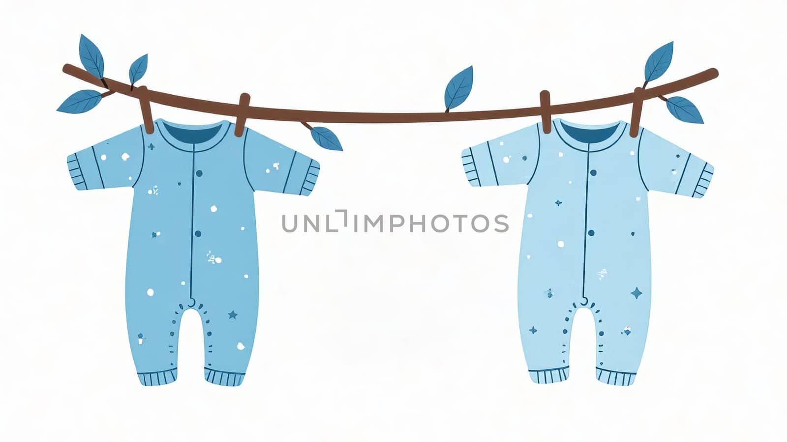 Pastel blue baby outfits hang on a line. Gender reveal party, motherhood. Copy space.