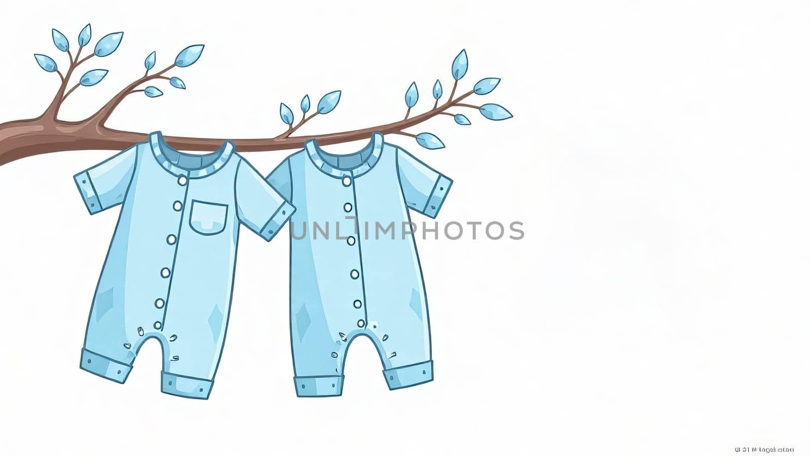 Pastel blue baby outfits hang on a line. Gender reveal party, motherhood. Copy space.