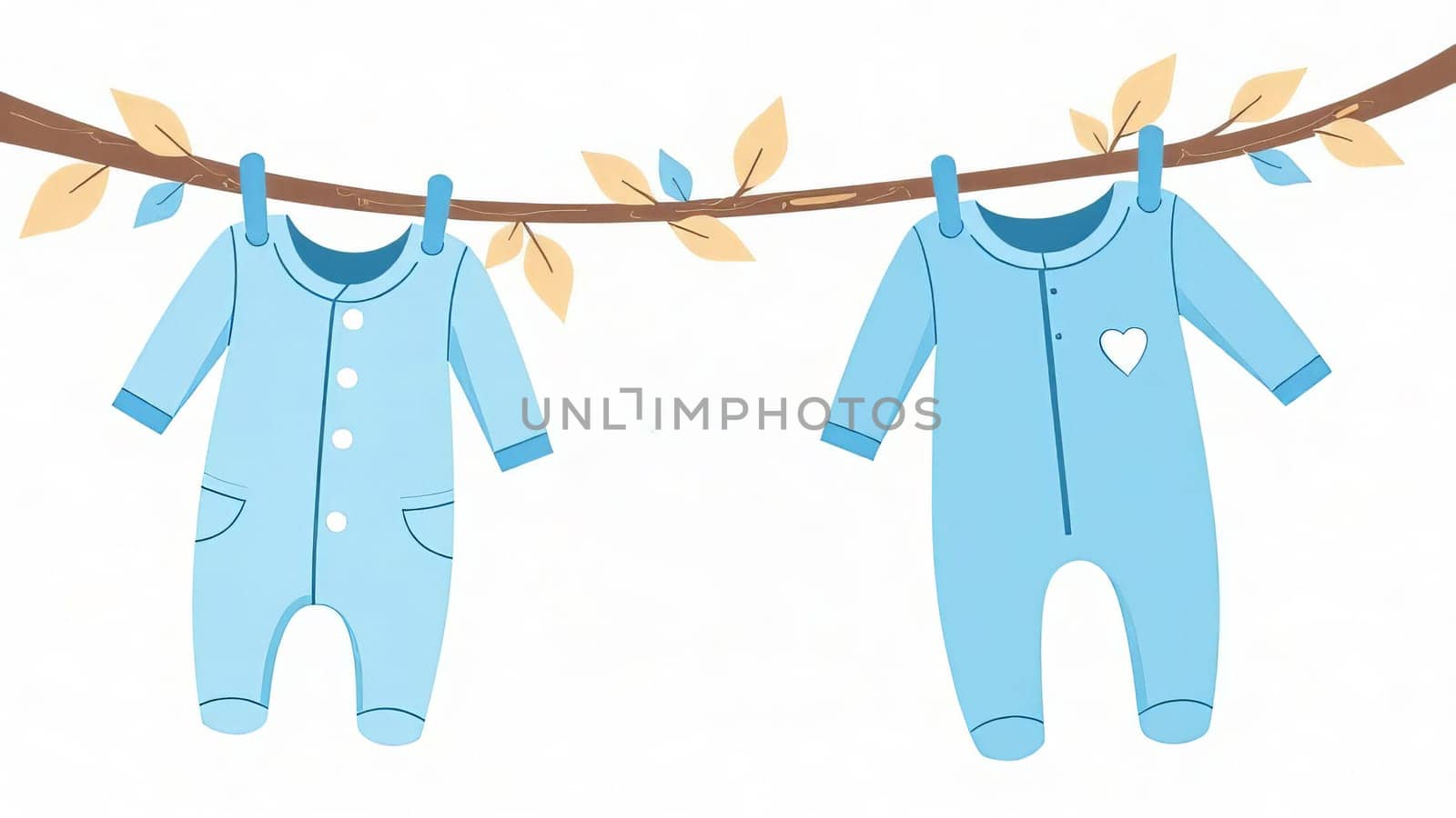Pastel blue baby outfits hang on a line. Gender reveal party, motherhood. Copy space.