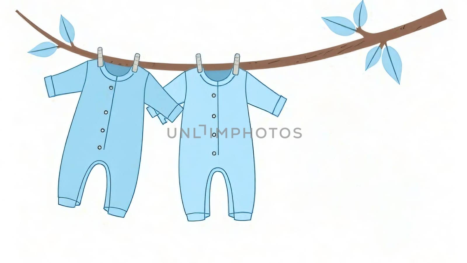 Pastel blue baby outfits hang on a line. Gender reveal party, motherhood. Copy space.