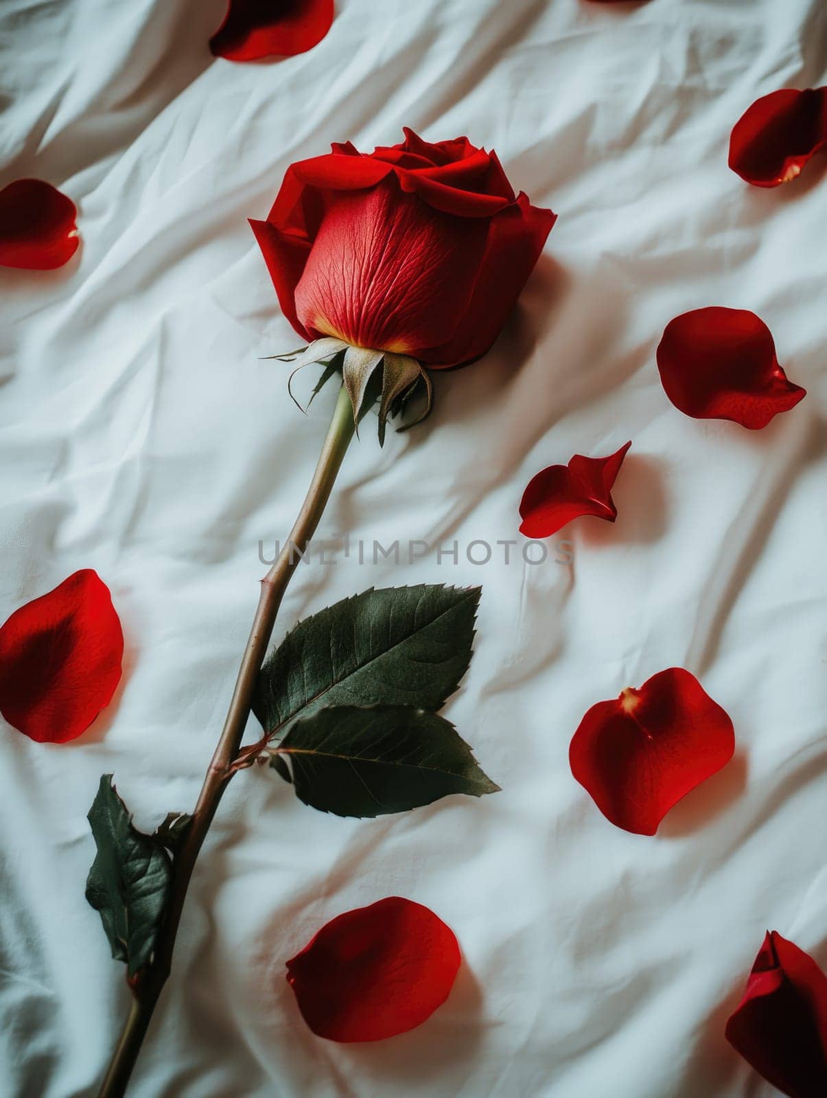 Elegant single red rose with petals on soft white fabric background for romantic occasions.