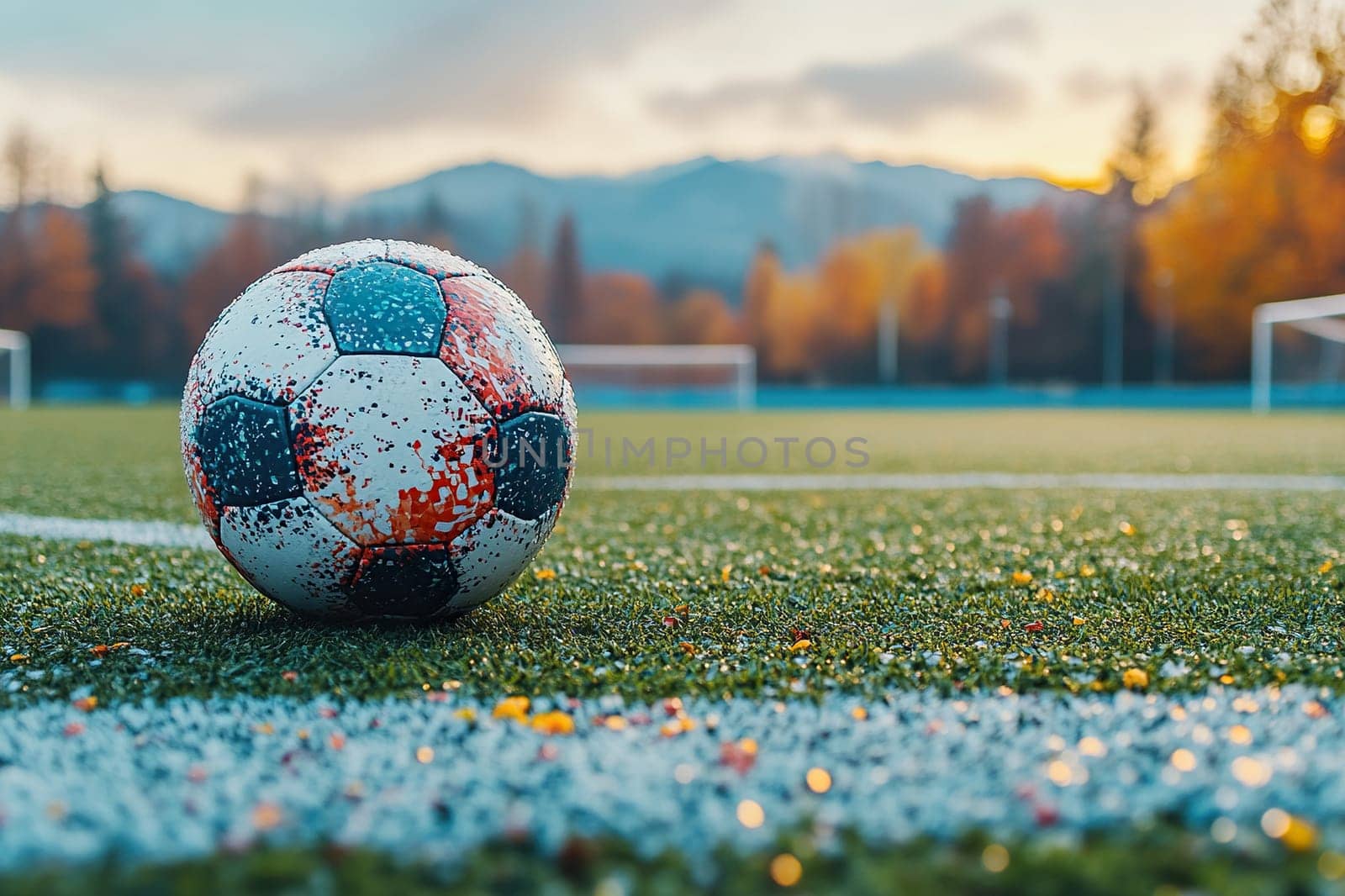 Close-up of a soccer ball on artificial turf of an outdoor soccer field.