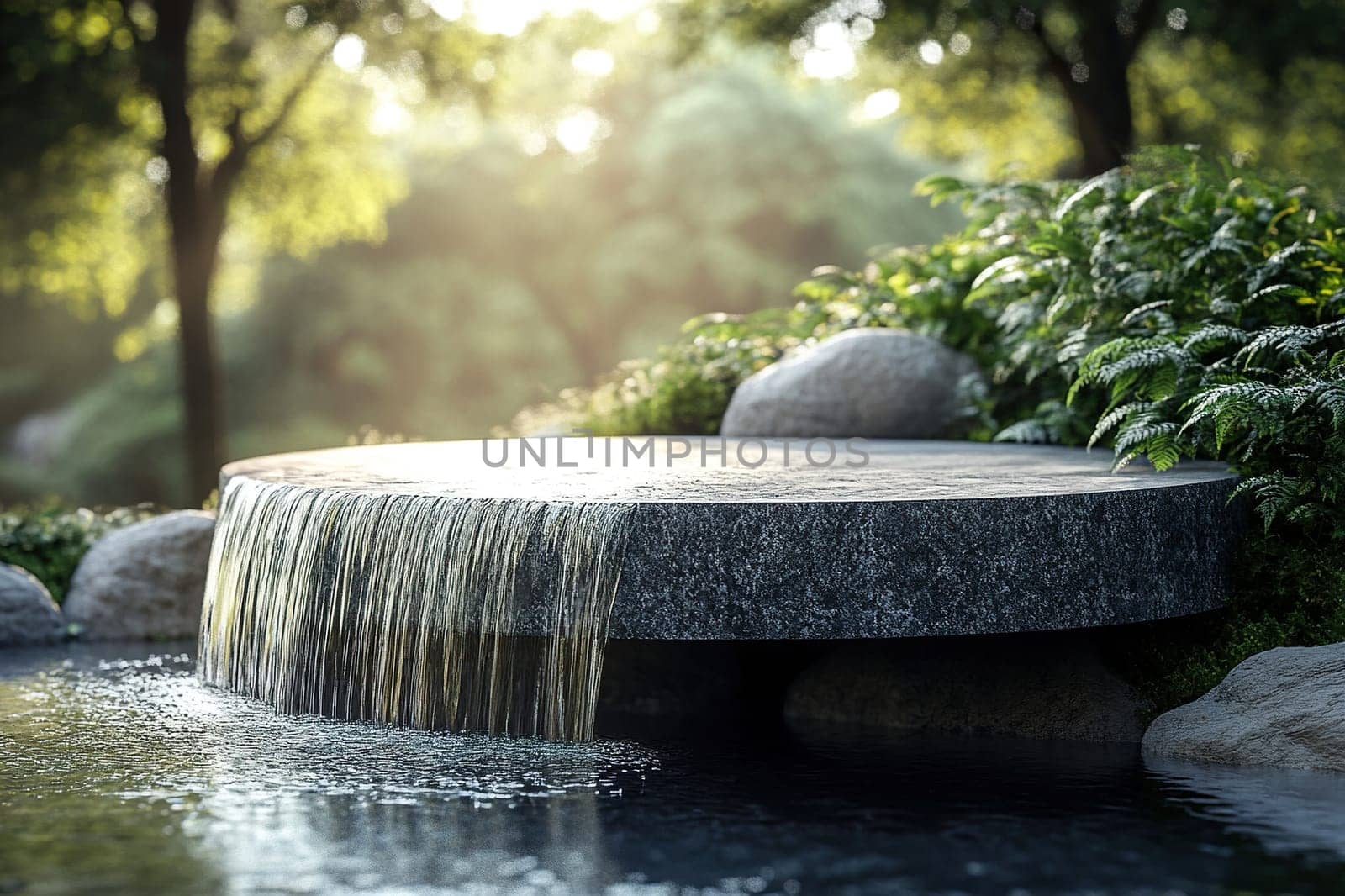 Stone round podium with a waterfall over a river in the forest. Place for product presentation.