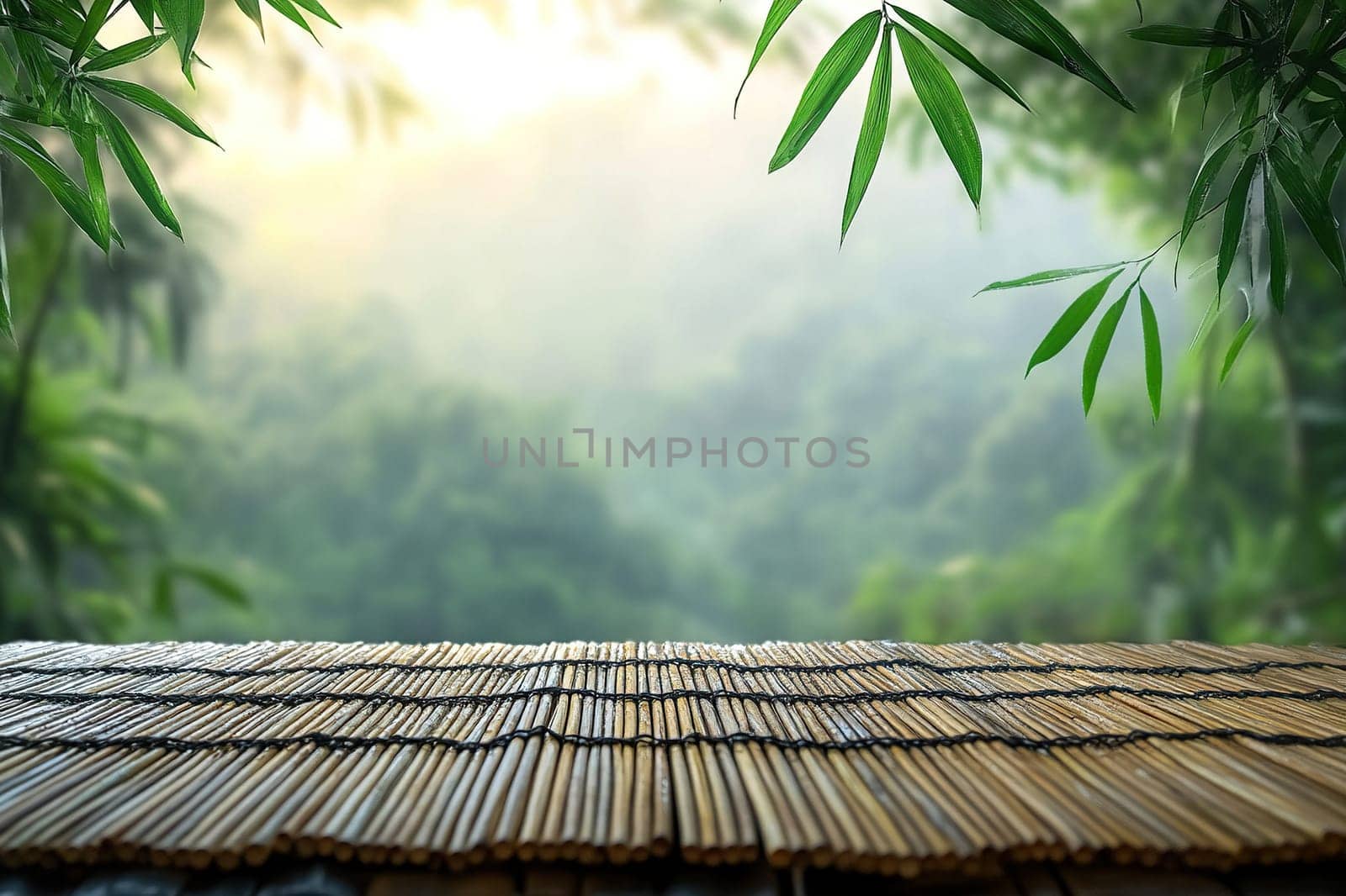 Tropical green background with empty bamboo table top in front. Exotic summer panoramic banner with copy space.