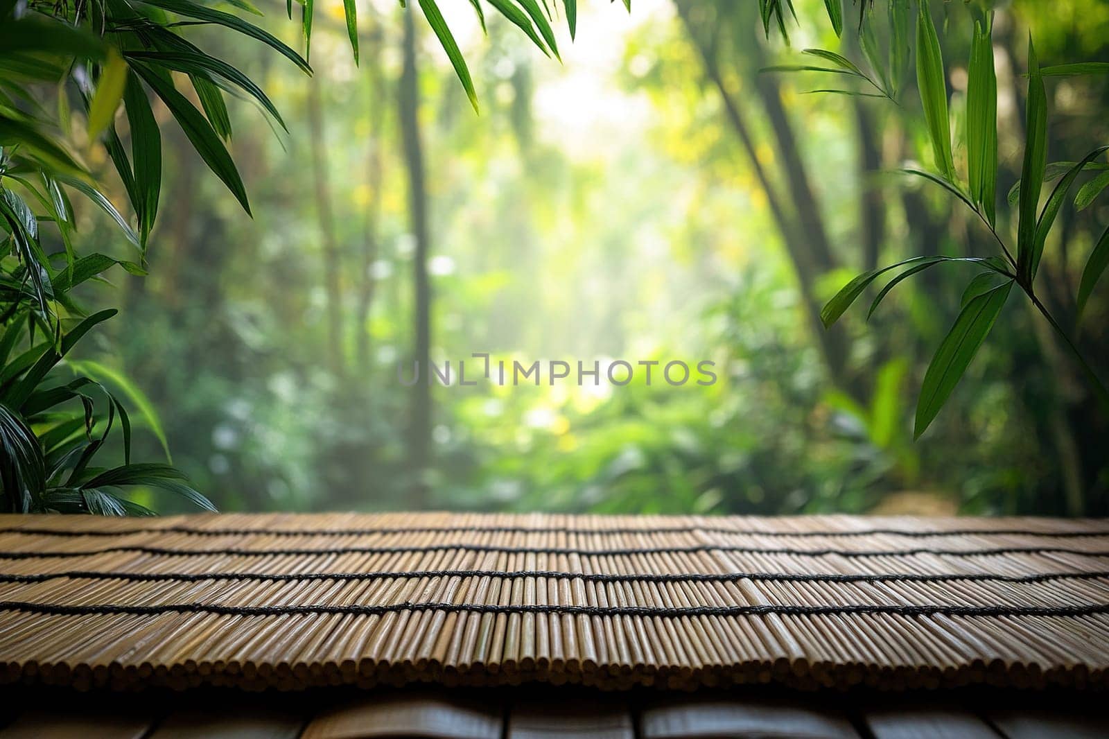 Blurred photo of tropical forest with bamboo mat in foreground for product advertisement. Natural background.