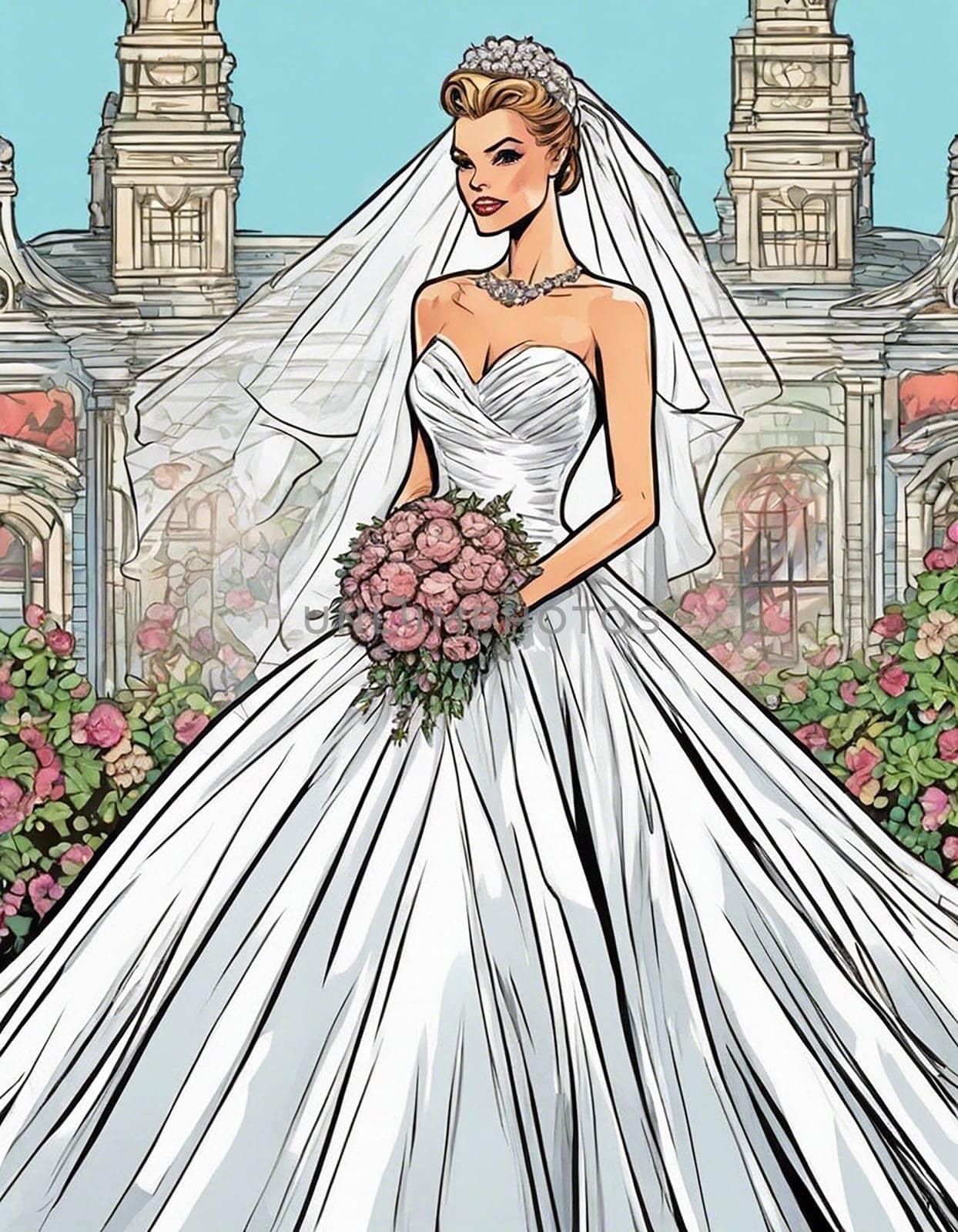 Young woman bride wearing a beautiful wedding dress in city background - Generative ai