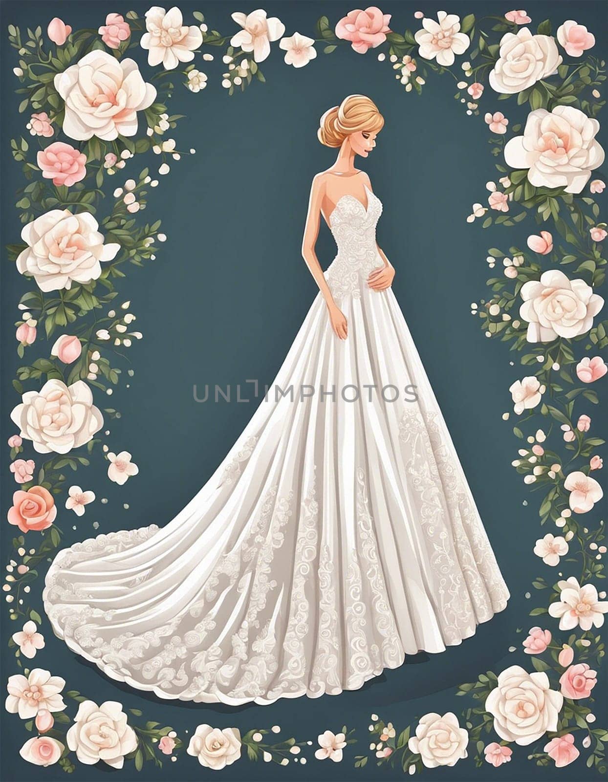 Young woman bride wearing a beautiful wedding dress surrounded by flowers - Generative ai
