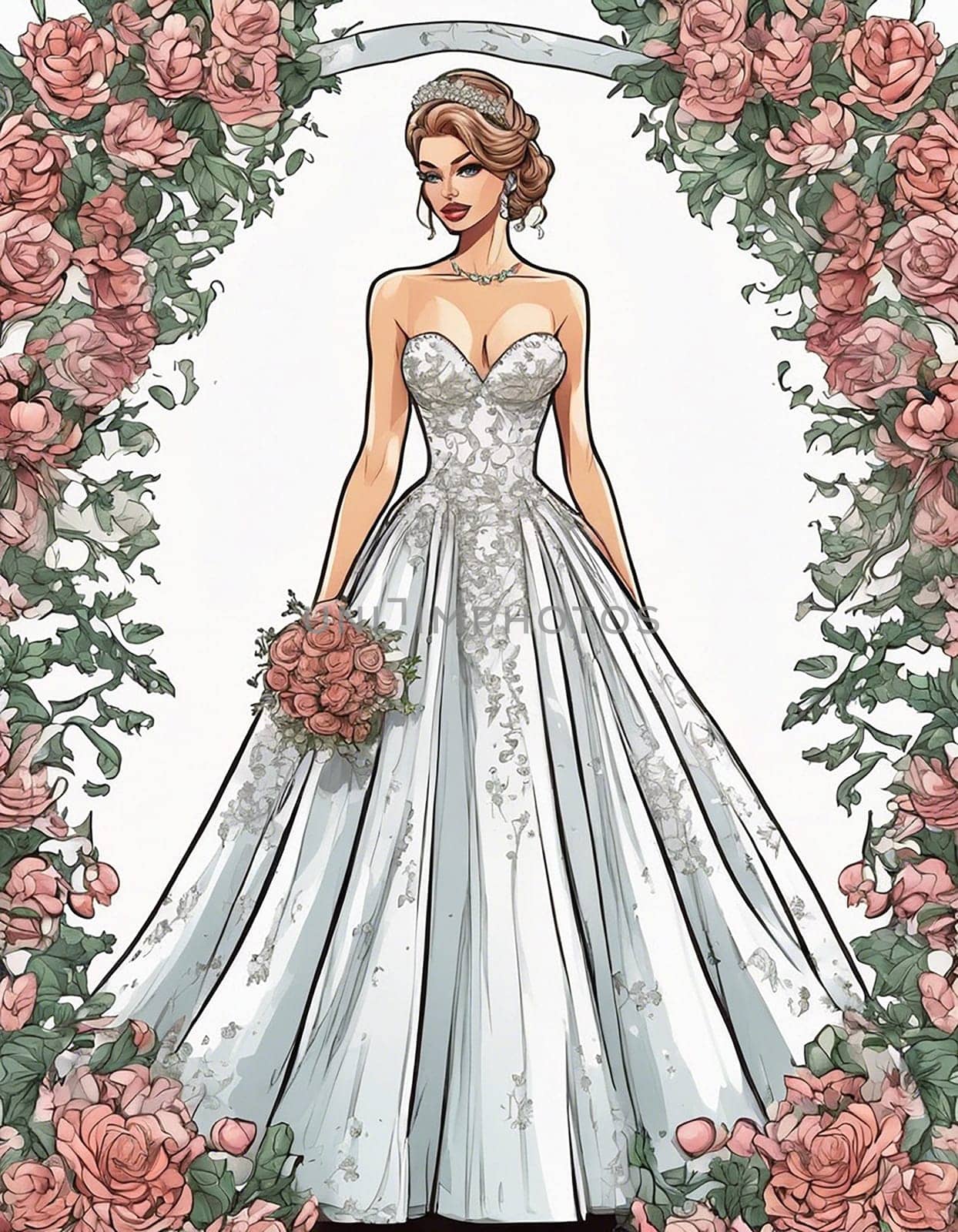 Young woman bride wearing a beautiful wedding dress surrounded by fowers - Generative ai