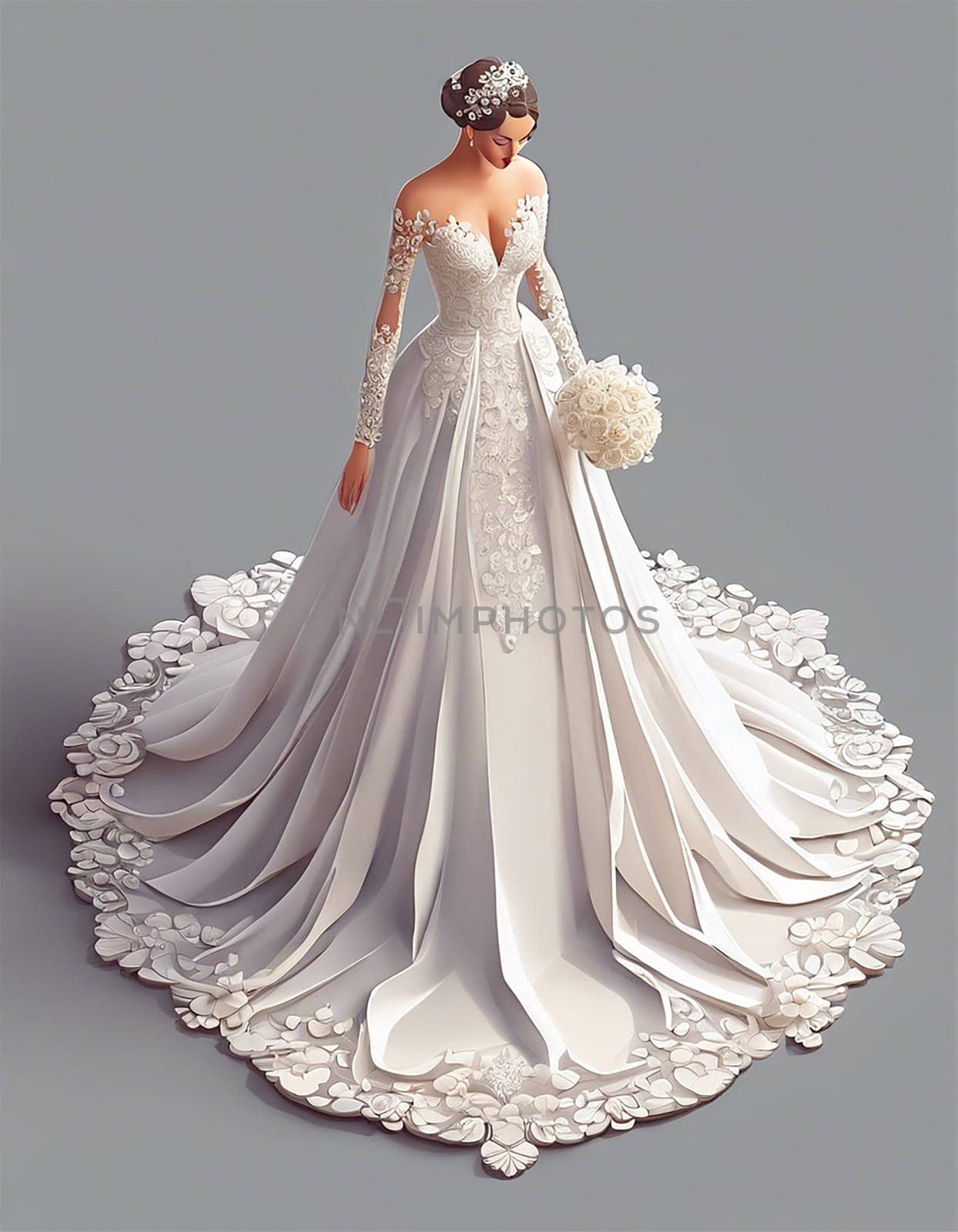 Young woman bride wearing a beautiful wedding dress in grey background - Generative ai