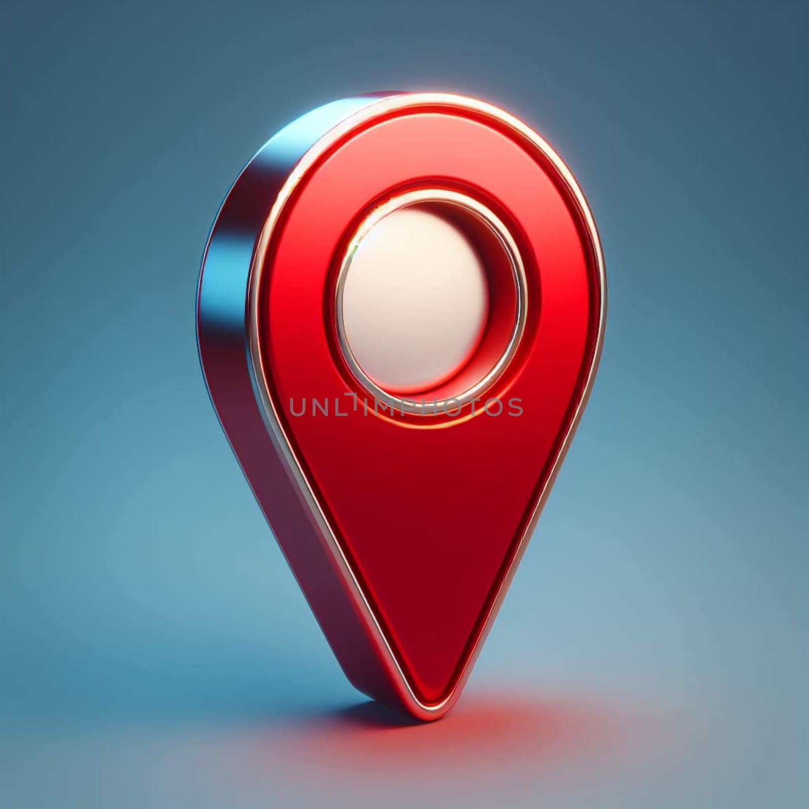 Vibrant 3d illustration of a shiny red map pin icon set against a smooth blue gradient backdrop, symbolizing location pinpointing, navigation, and digital mapping technologies
