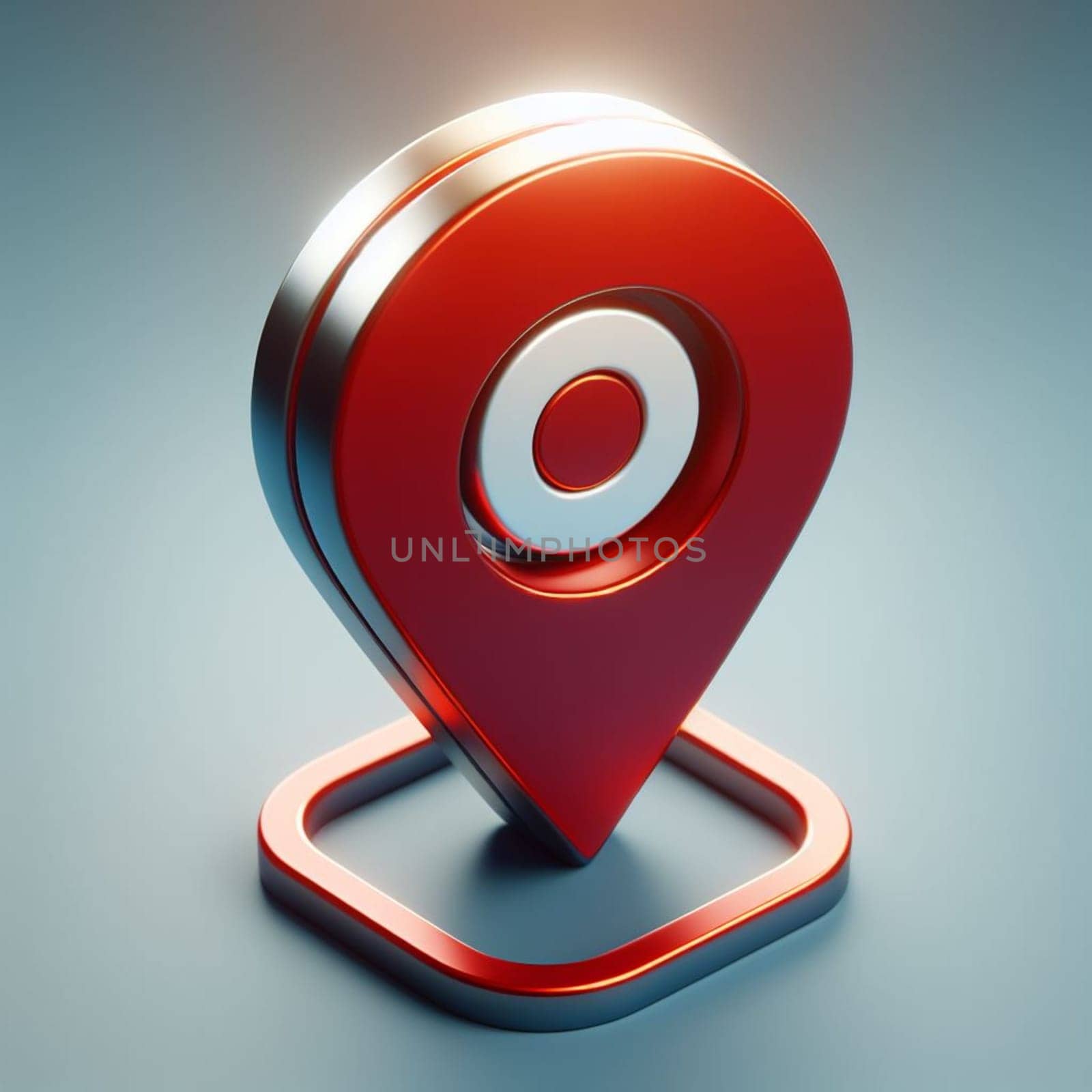 Striking 3d illustration of a glossy red map pin icon with a metallic finish and drop shadow effect, set against a soft blue gradient background, depicting location and navigation themes