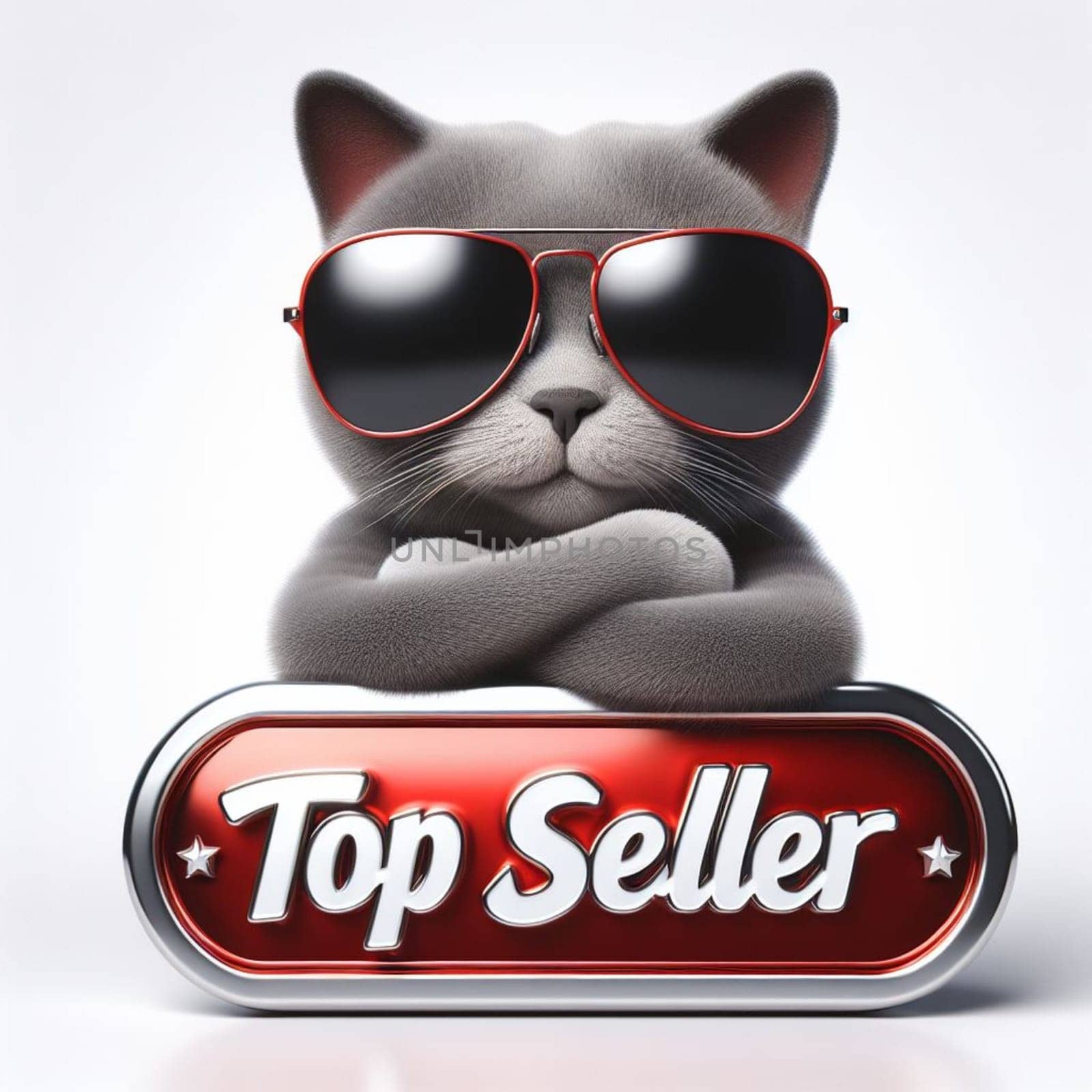 3d illustration of a stylish cartoon cat wearing sunglasses, confidently leaning on a shiny 'top seller' badge. Perfect for advertising and motivational themes