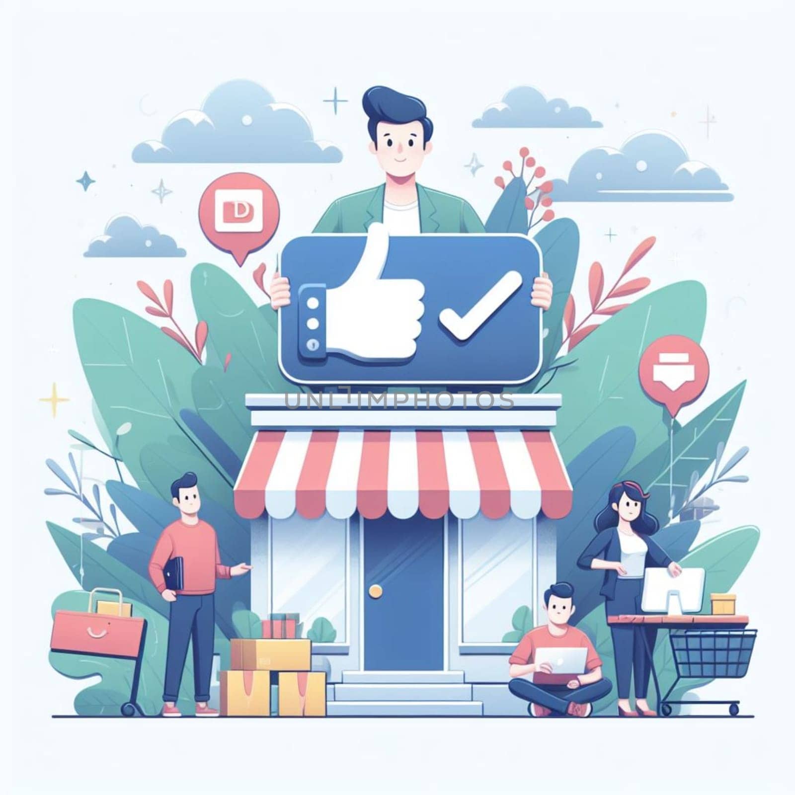 Vibrant illustration showcasing digital marketing success. With characters engaging in e-commerce activities around a huge laptop displaying approval symbols