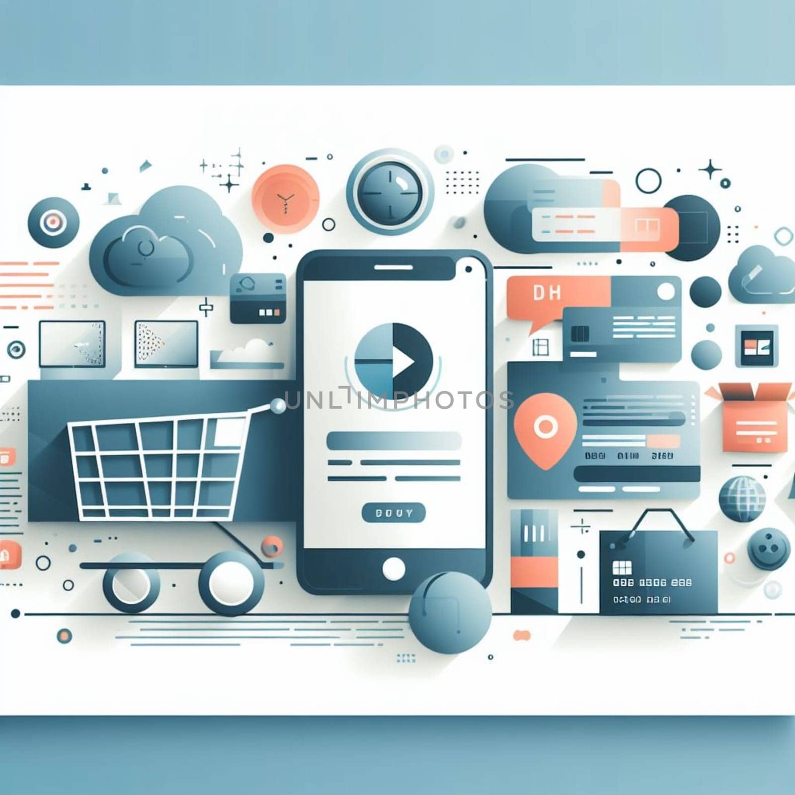 Abstract digital technology illustration featuring a smartphone with a play button, surrounded by cloud computing, shopping, and data analytics icons on a pastel background