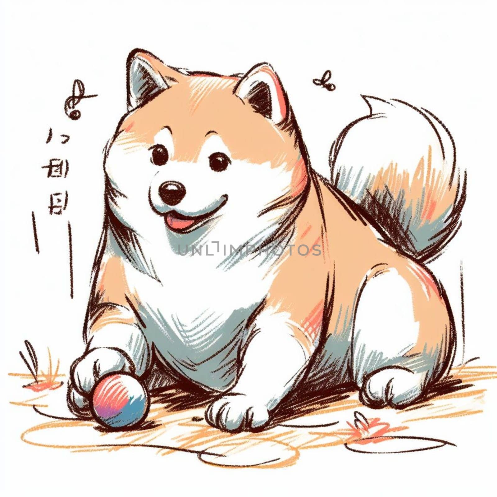 Adorable illustrated shiba inu dog happily plays with a colorful ball, surrounded by small flowers and butterflies, conveying joy and the playful spirit of pets