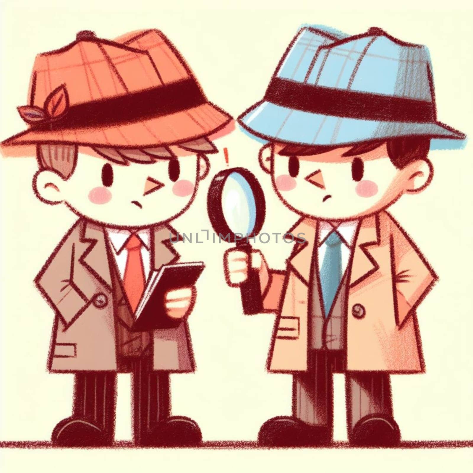 Illustration of two adorable cartoon detectives, one with a notebook and the other holding a magnifying glass, wearing trench coats and fedora hats on a mystery-solving adventure