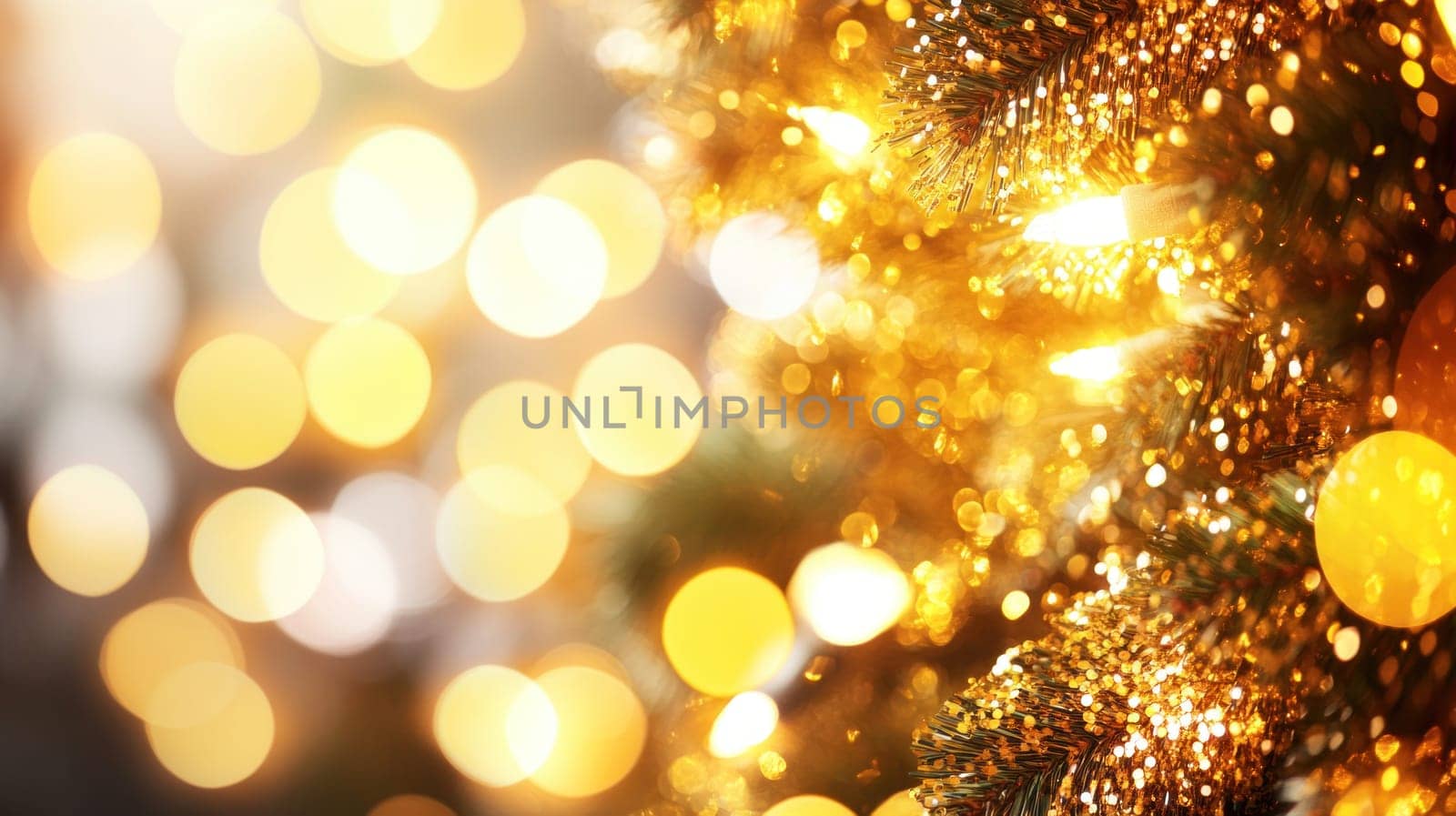 Golden christmas tree lights create a magical bokeh effect, perfect for holiday projects