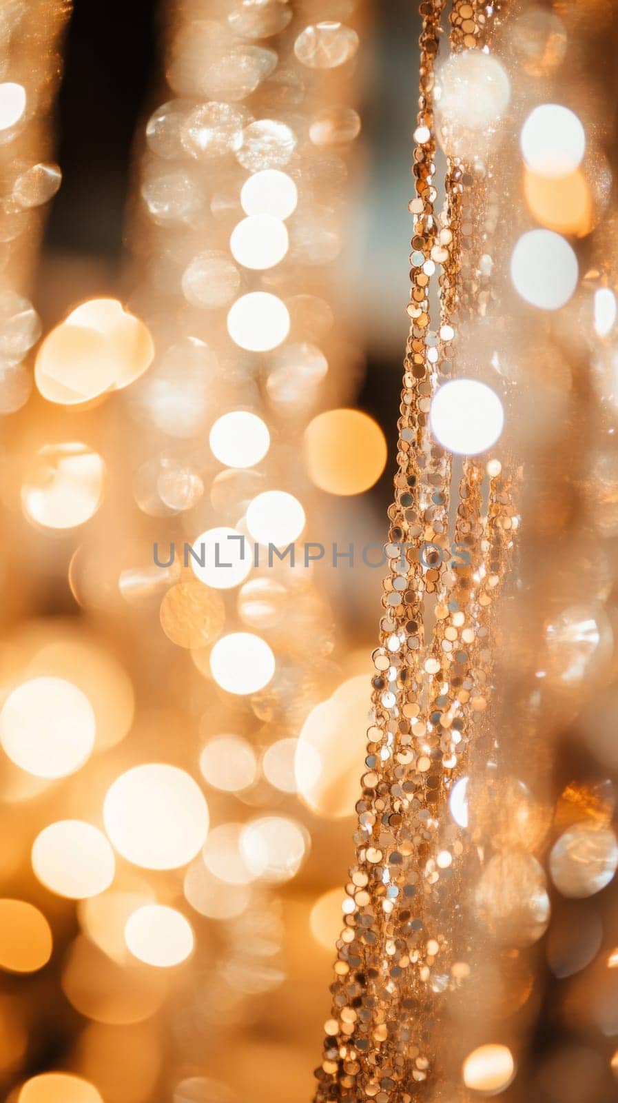 Golden sequins hanging and shimmering, creating a festive and glamorous atmosphere with defocused lights in the background